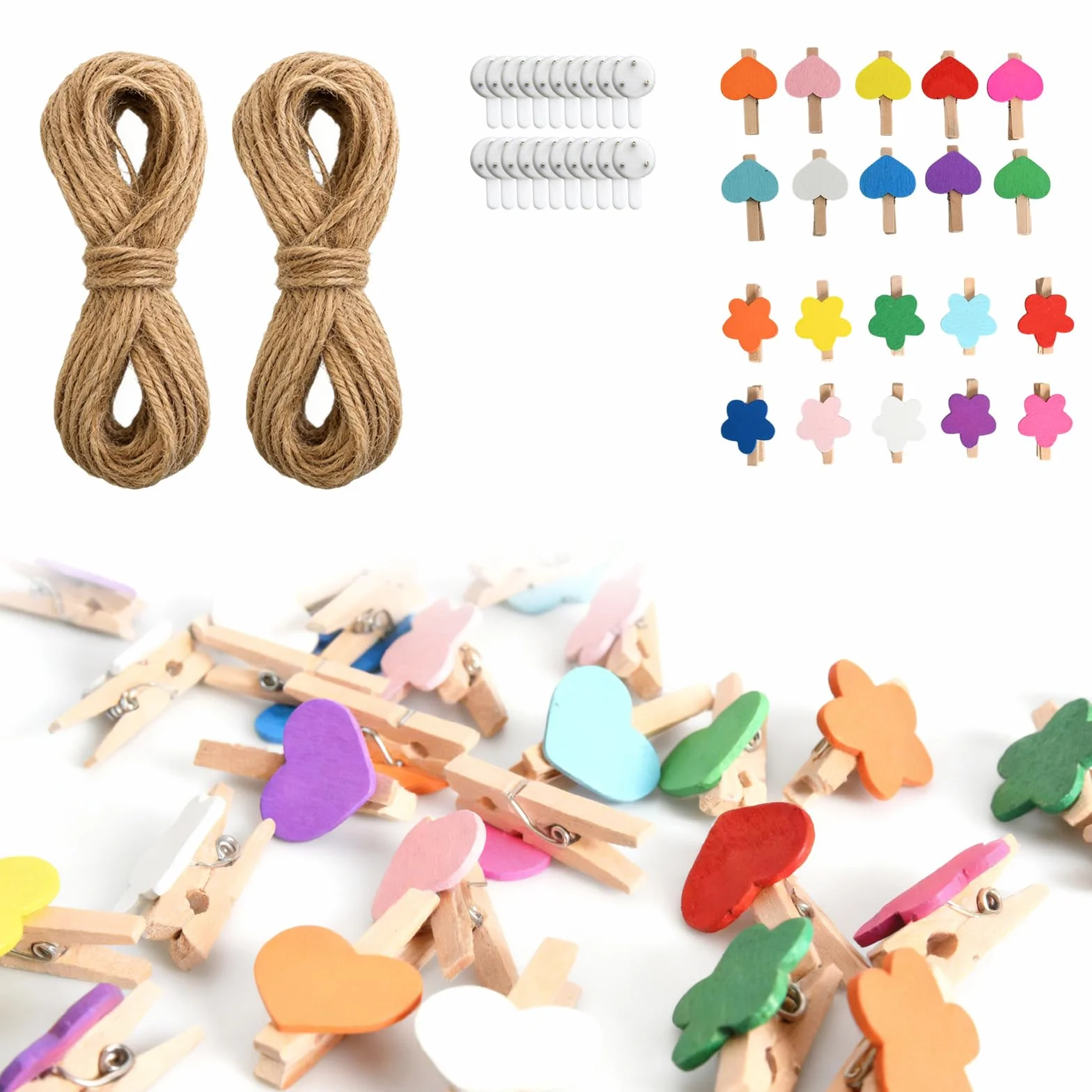 Pêle Mêle Photo Mural 100 Mini Pinces Bois Coeur Fleur 20 m Ficelle Jute 20 Clous sans Trace 3.7 x 2 cm Multicolore