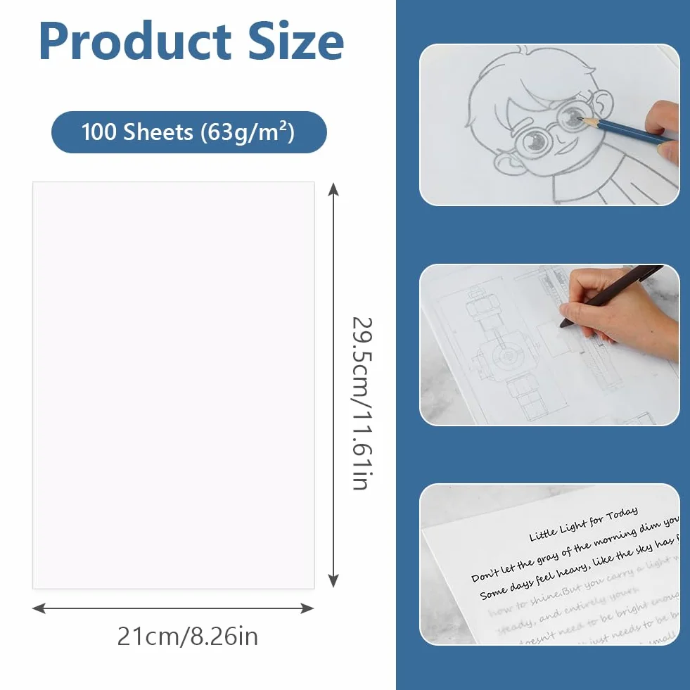 APXEL Feuille Calque Papier A4 100 PCS Transparent Dessin 63 g/m²