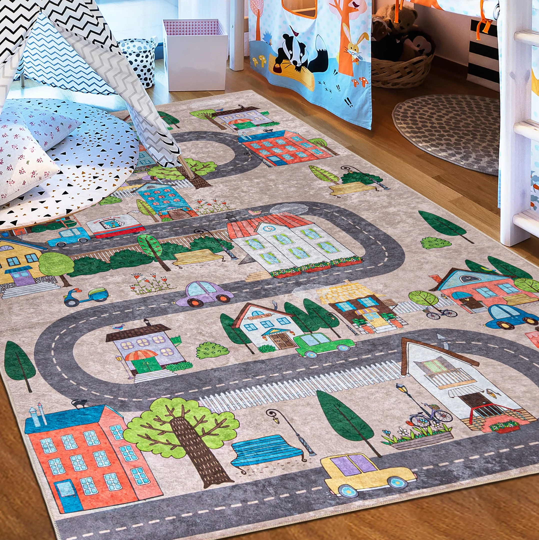 Mazovia Tapis Chambre Enfant Lavable Imprimé Poils Courts 80x150cm Beige Crème Multicolore