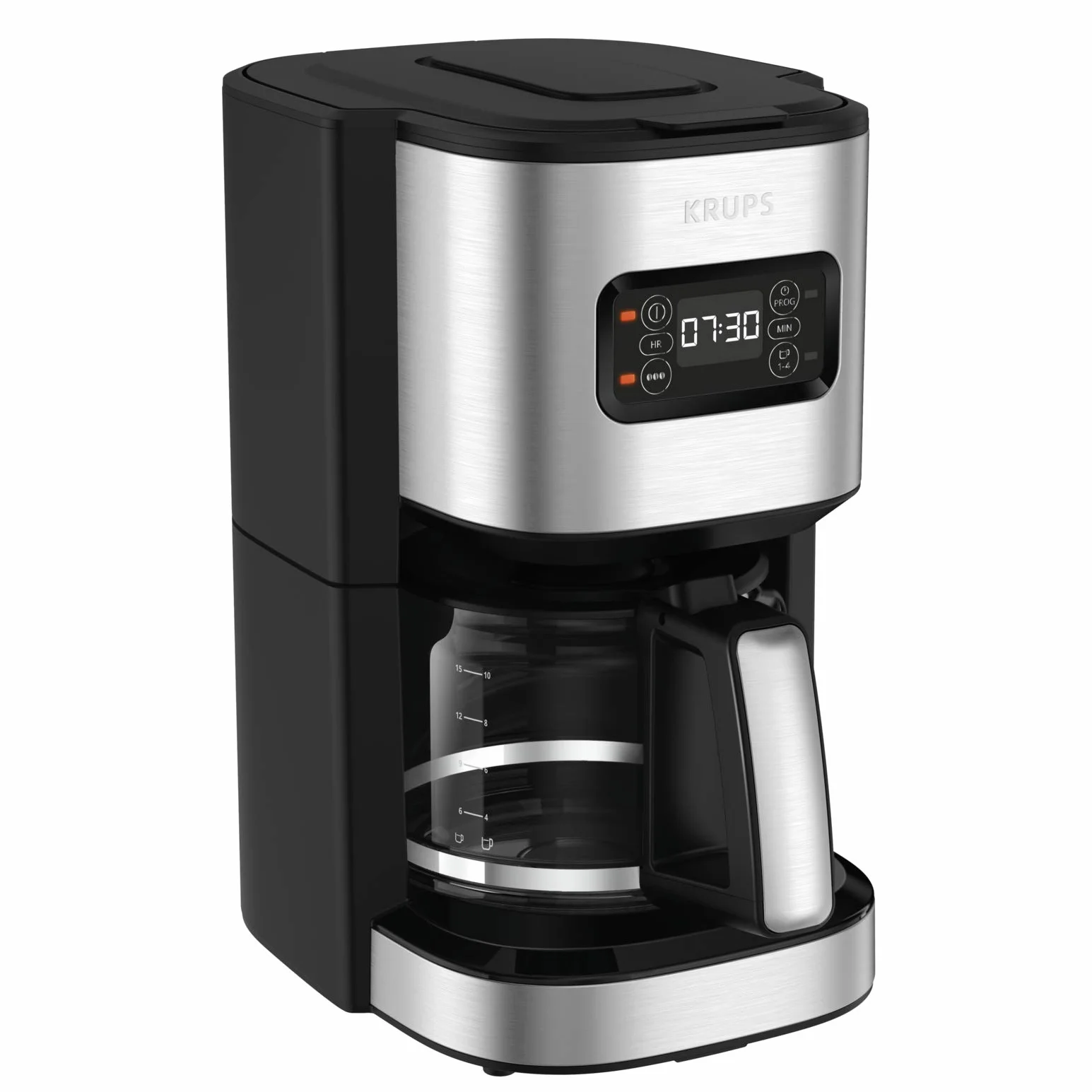 Krups Cafetière programmable 24h, Inox premium, 1,25 L jusqu'à 15 tasses, Réglage intensité, Fonction 1 à 4 tasses pratique, Arrêt auto après 30 min, Anti-goutte, Excellence KM480D10