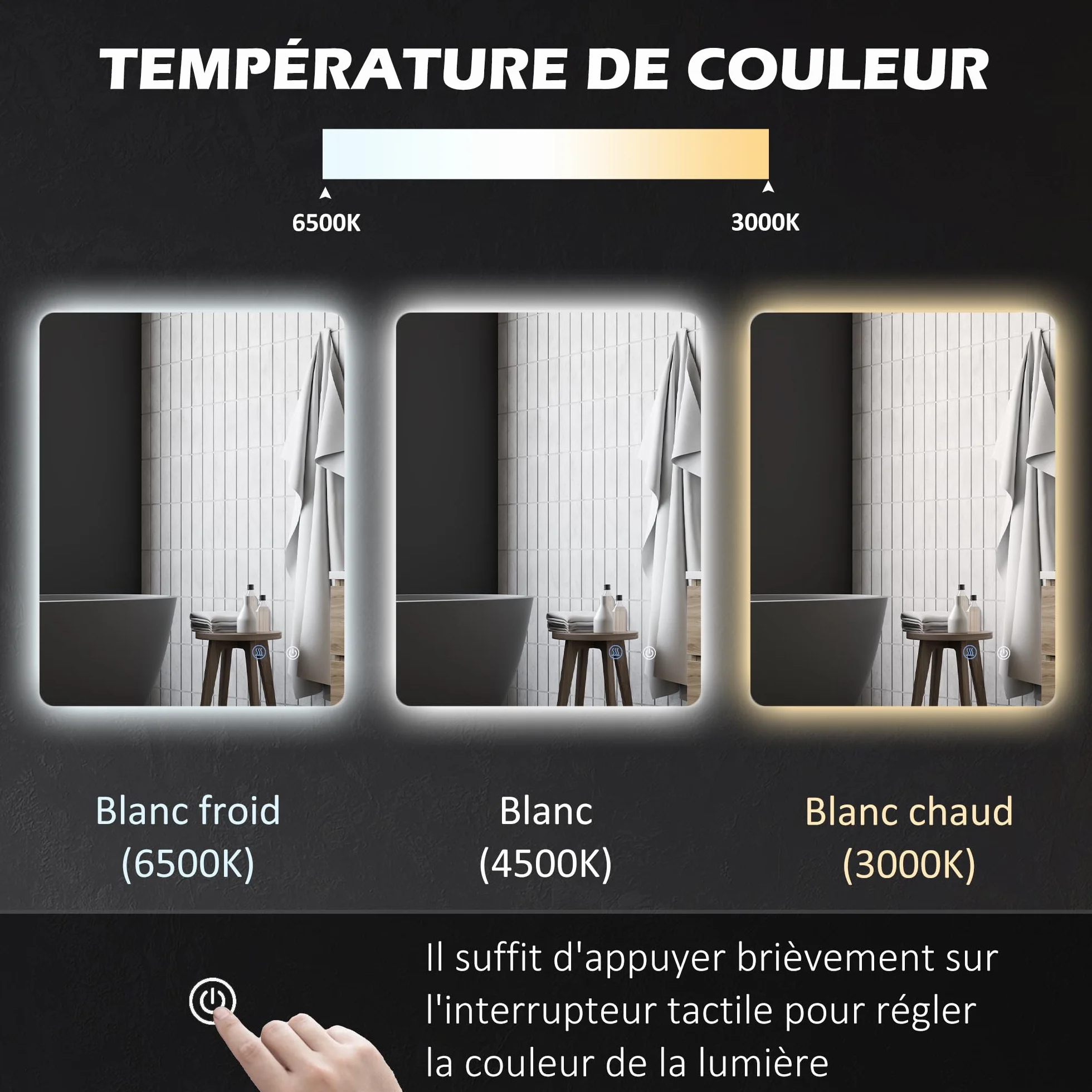 kleankin Miroir rectangulaire Mural Lumineux LED de Salle de Bain - 80 x 60 cm - 3 Couleurs, luminosité réglable Interrupteur Tactile système antibuée Blanc Transparent