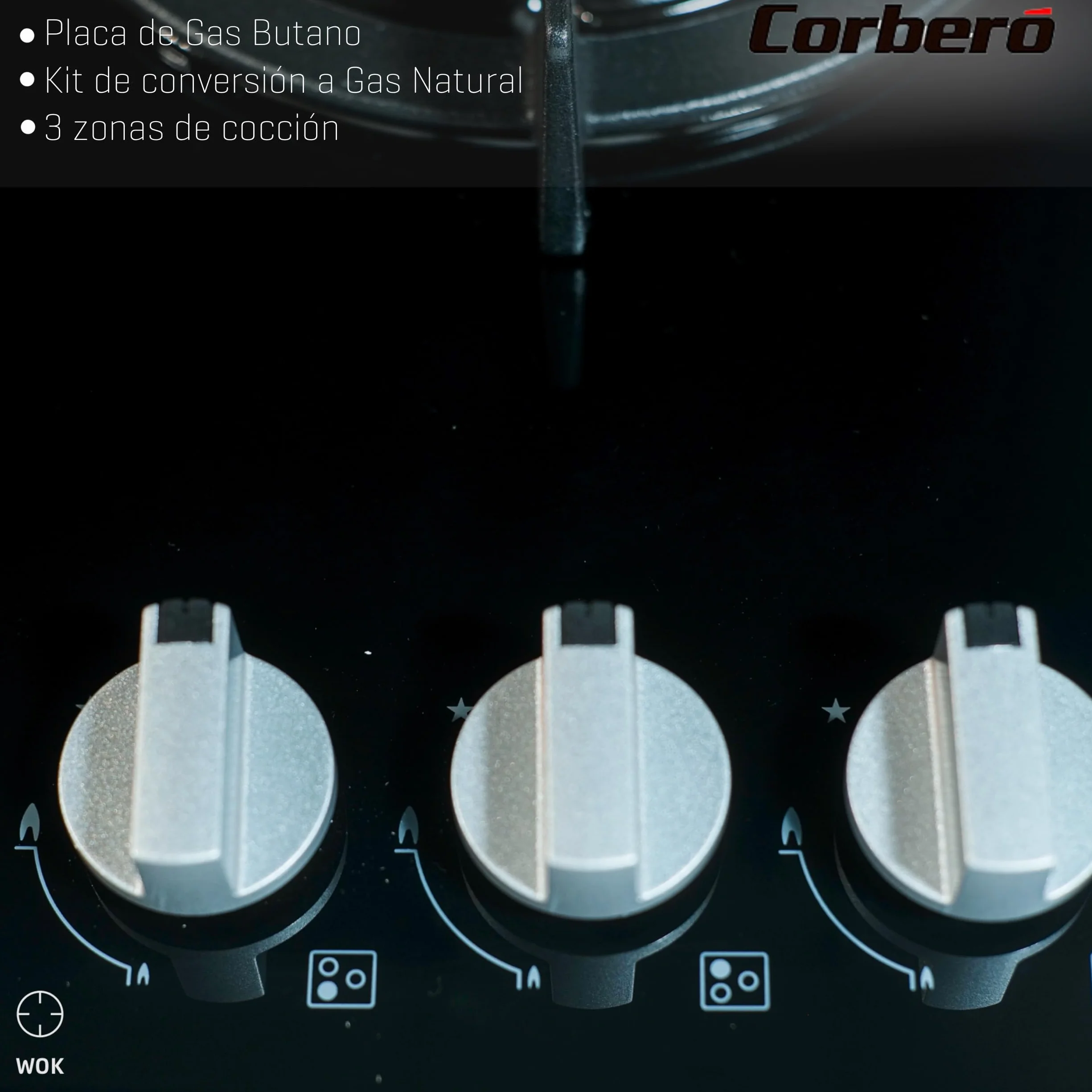 Corberó - Plaque en verre gaz butane CPCGY2303N | Puissance 7 kW | 3 feux | Zone Wok spéciale | Grille en fonte | Valve de sécurité | Arrêt automatique, noir, fonte