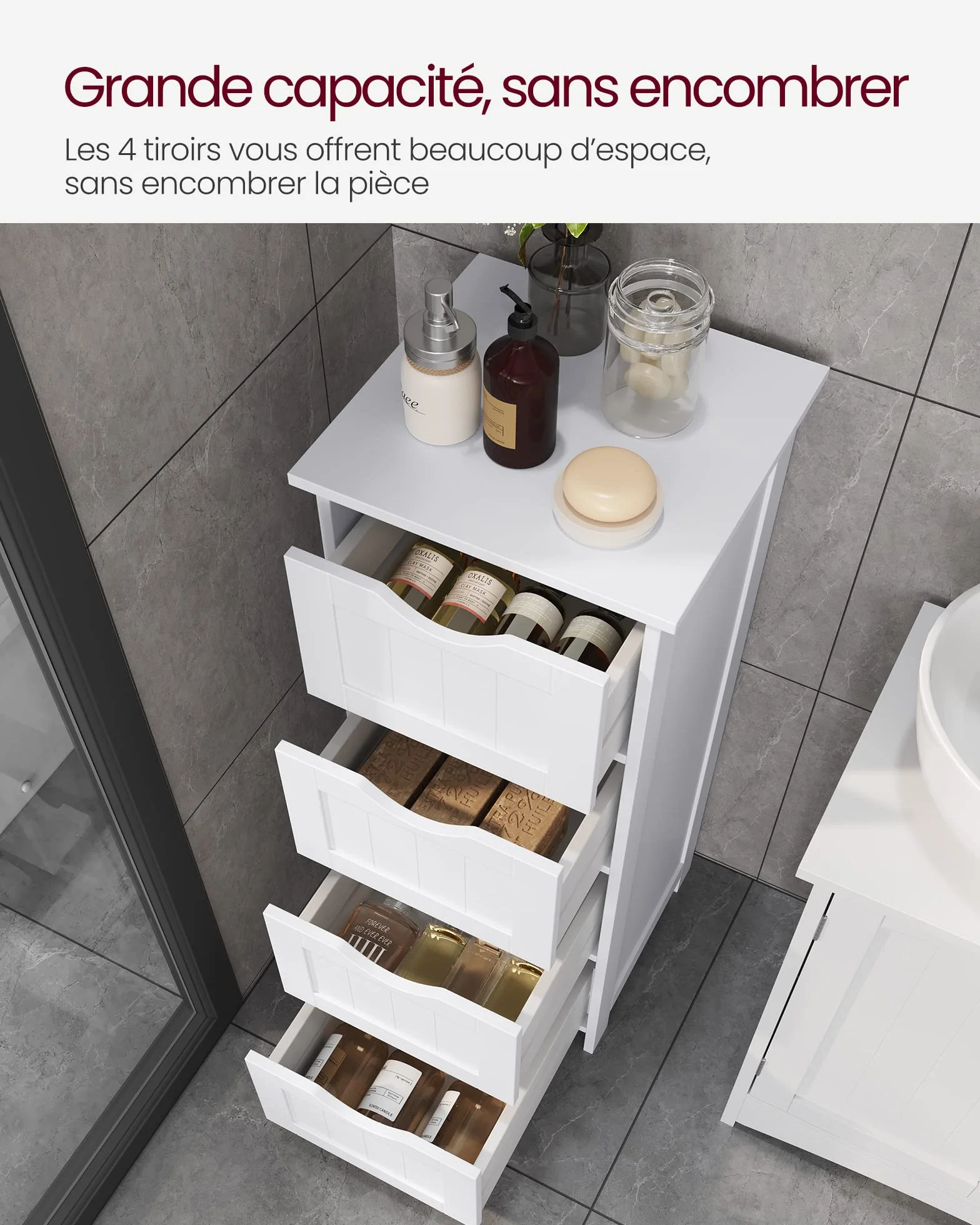VASAGLE Meuble de Salle de Bain, Armoire sur Pied, avec 4 Tiroirs, 30 x 30 x 82 cm, pour Salon, Salle à Manger, Cuisine, Style Moderne, Blanc LHC40W