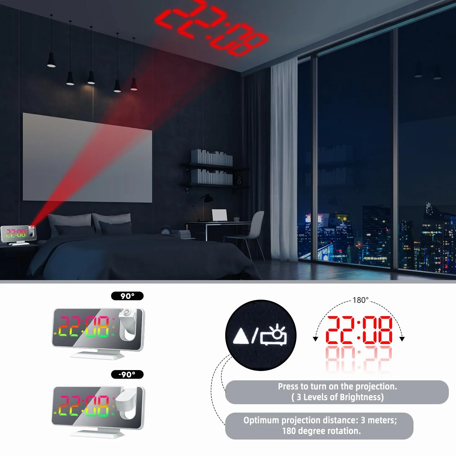 Réveil avec Projection Numérique RGB Horloge Colorée pour Chambre