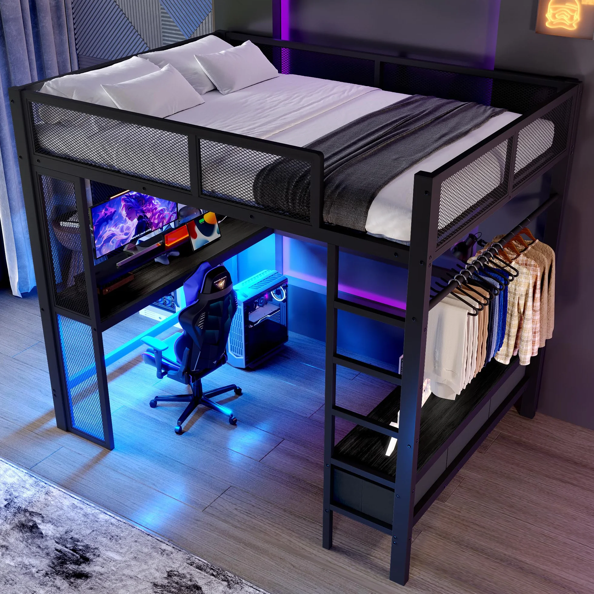 Sapgaks Lit Mezzanine 2 Places 140x200 avec LED et USB, Lit Enfant en Métal avec Bureau et Armoire Ouverte, Lit Mezzanine Enfant avec 3 Tiroirs à Linge, Lit 140x200 avec Rambarde, Noir