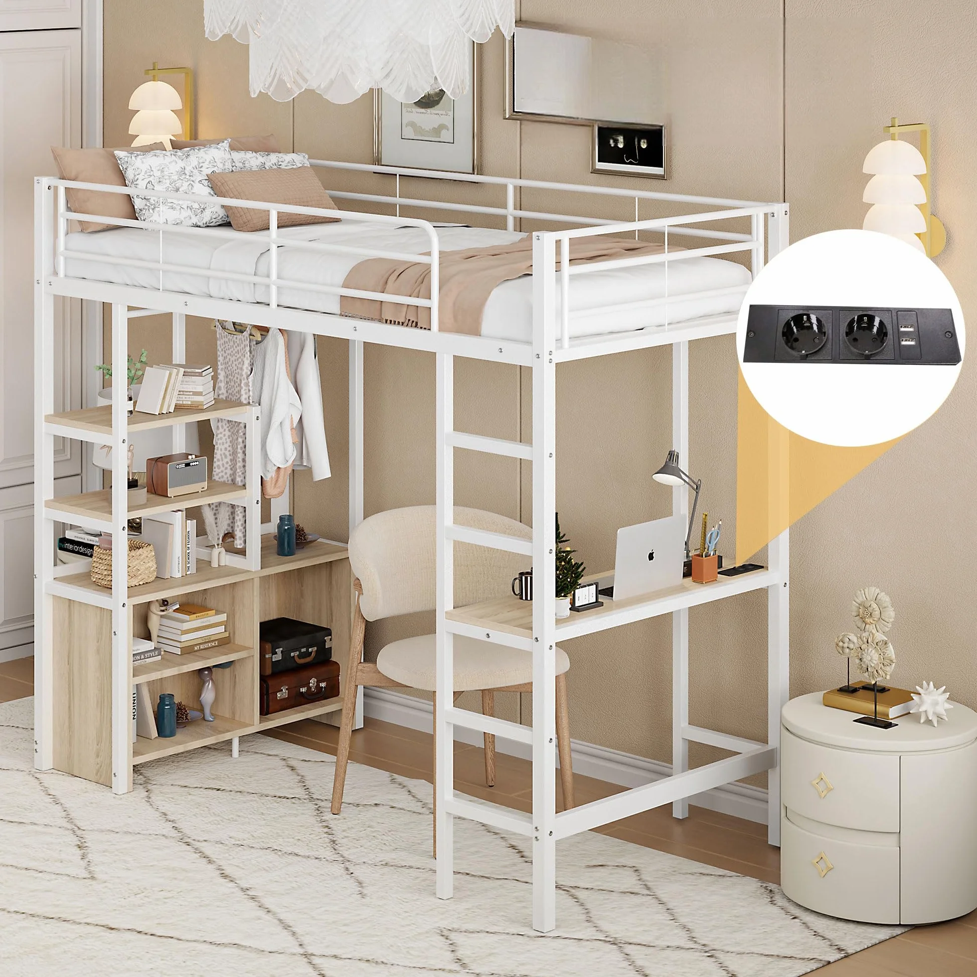 Lit Mezzanine 1 Place 90x200 cm avec USB, Lit Enfant en Métal avec Armoire de Rangement Ouverte, Lit Mezzanine Enfant avec Bureau et Plusieurs étagères, Lit en Hauteur avec échelle et Balustrade
