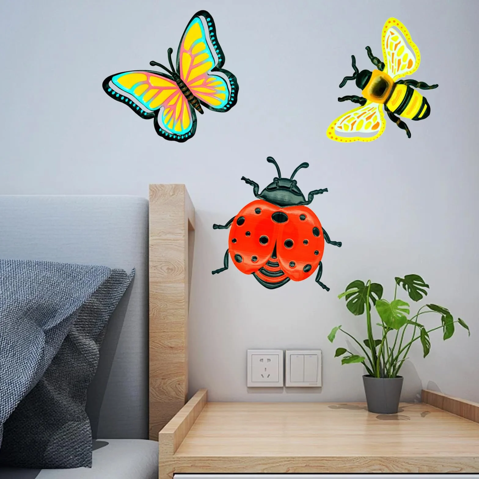 Décoration Murale Insecte Métal 3 Pièces Abeilles Papillons Coccinelles pour Jardin Extérieur