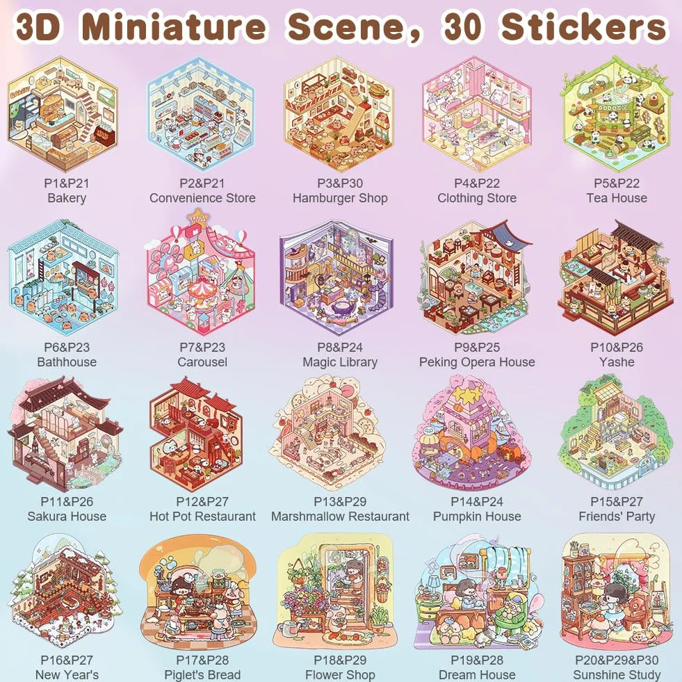 Vicloon Autocollants de Maison 3D, 50 Feuilles DIY Miniature Scène Anti-stress avec Pince