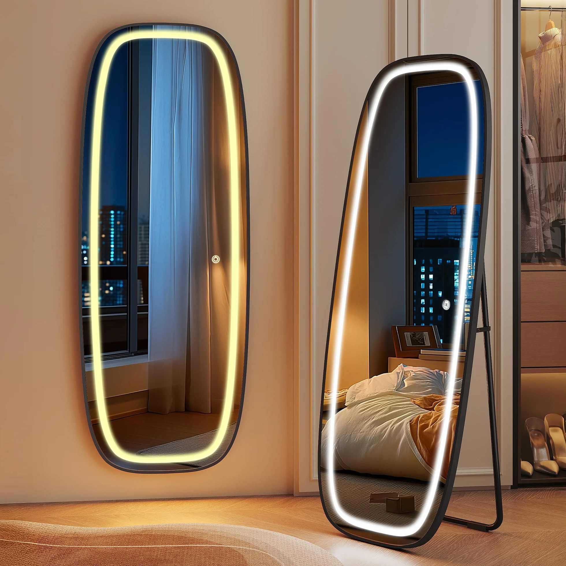 Hzuaneri Miroir sur Pied LED 160 x 50 cm, 3 Couleurs de Lumière, Luminosité Réglable, Noir