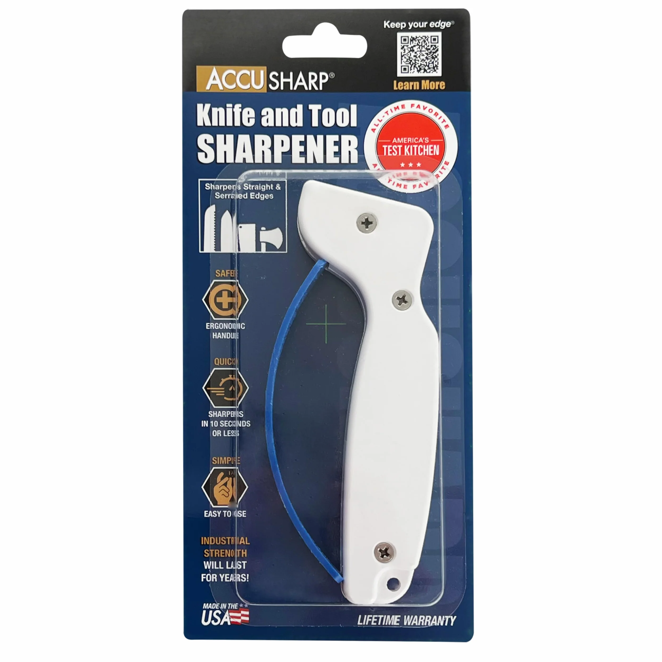 ACCUSHARP Aiguiseur de Couteaux Ergonomique Compact Facile à Utiliser pour Couteaux Droits et Dentelés Blanc