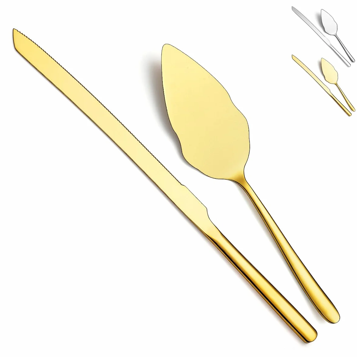 Ensemble De Coupe De Gâteau En Acier Inoxydable Pour Mariage, Or Brillant
