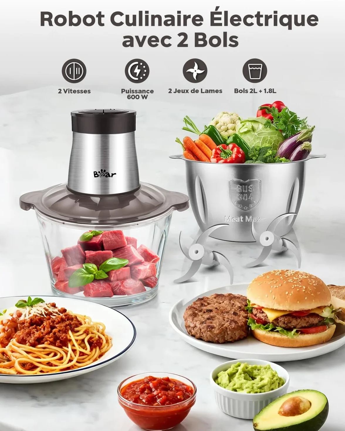 Bear 2L+1.8L Hachoir Électrique En Acier Inox, 600w 2 Vitesses, 4 Lames En Acier Inoxydable, Coupe Julienne Dans Un Récipient En Verre Pour La Viande, Les Aliments Pour Bébés, Les Fruits, Les Légumes