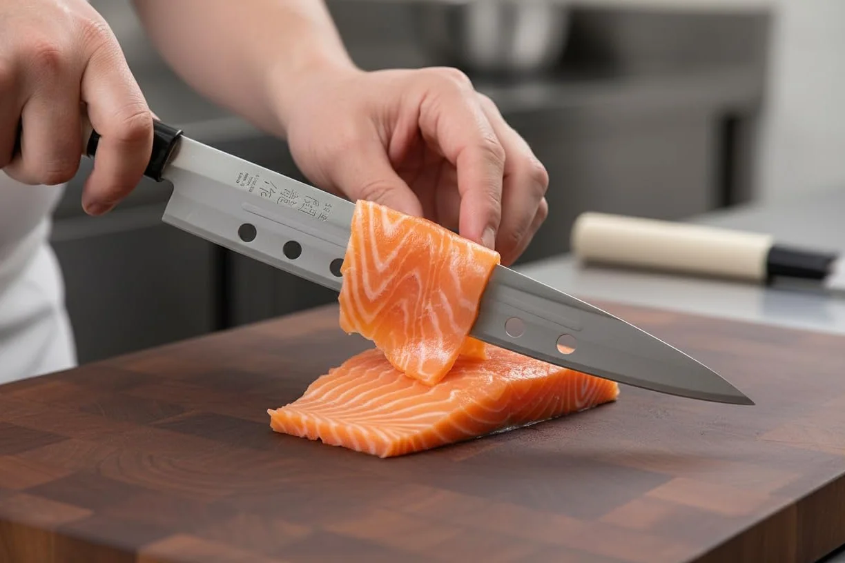 Cocktail7 Couteau Japonais Yanagiba Sashimi Sushi Couteaux de Cuisine pour Filet de Poissons Japon Acier Inoxydable Lame 21 cm Fabriqué au Japon (Avec Alvéoles)