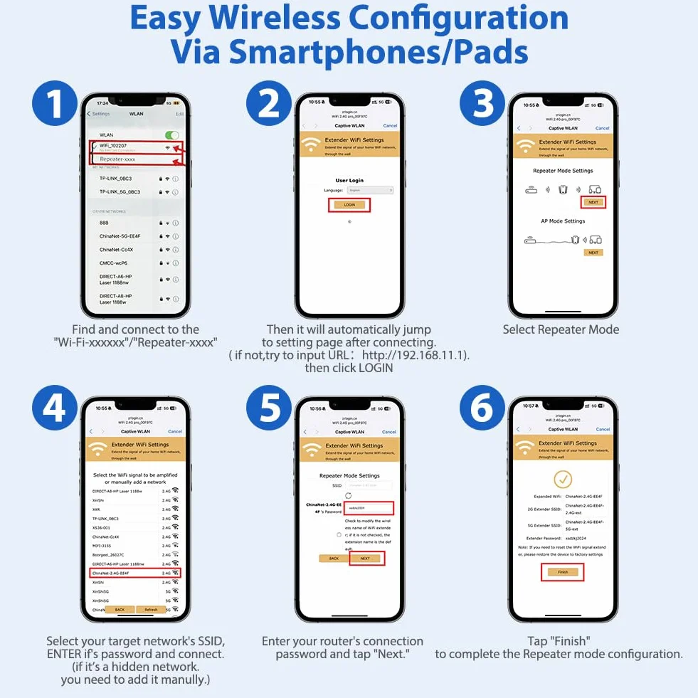 Wzmacniacz WiFi, wzmacniacz sygnału WiFi AC1200, Dual Band Repeater 5 GHz i 2,4 GHz z 6 antenami zewnętrznymi, przedłużacz Wi-Fi zasięg ponad 300 metrów dla biura, domu biały