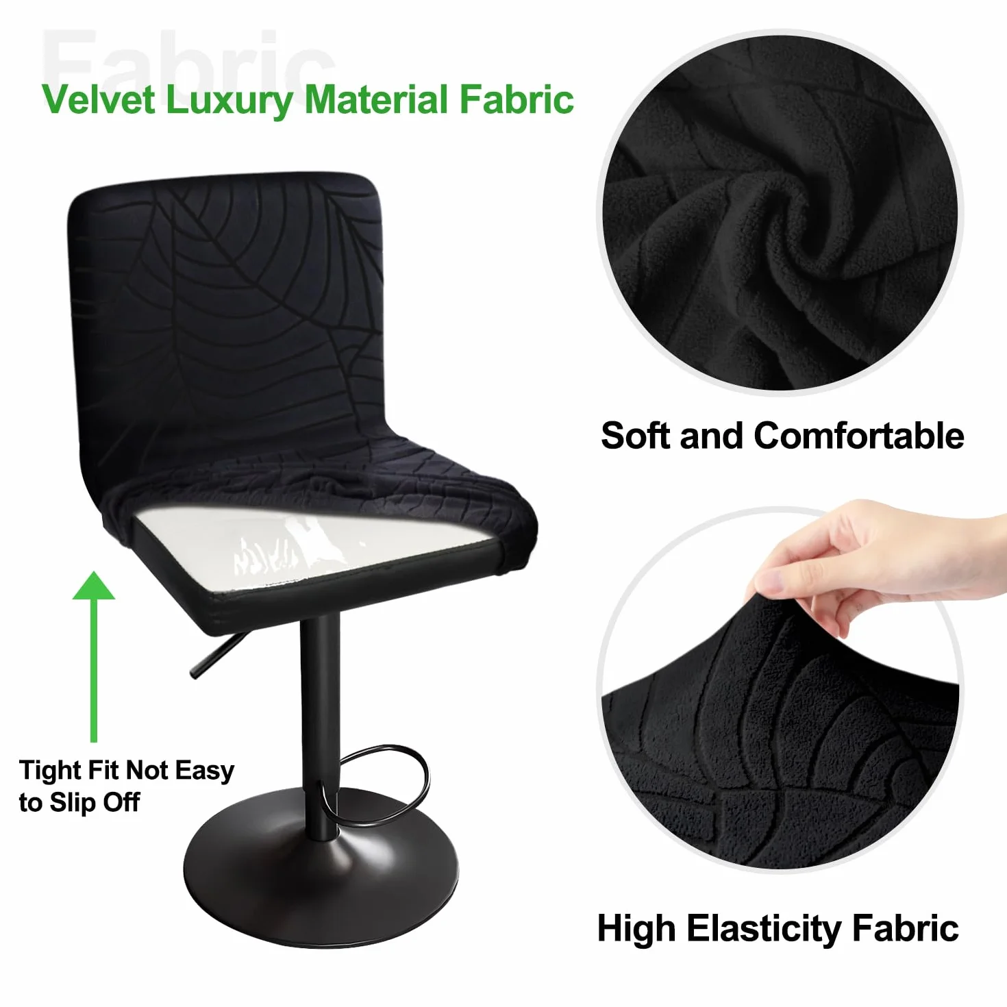 Housse de Tabouret de Bar Velours Leaf Texture Antipoussière Antirughe Lavable 2 Noir