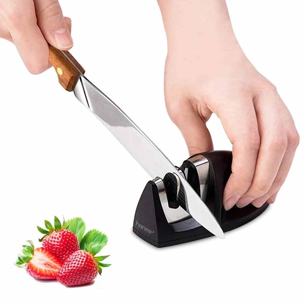 Hanmir Aiguiseur de Cuisine Professionnel 2 en 1 Manuel pour Couteaux Acier Inoxydable et Céramique, Base Anti-dérapante Noir