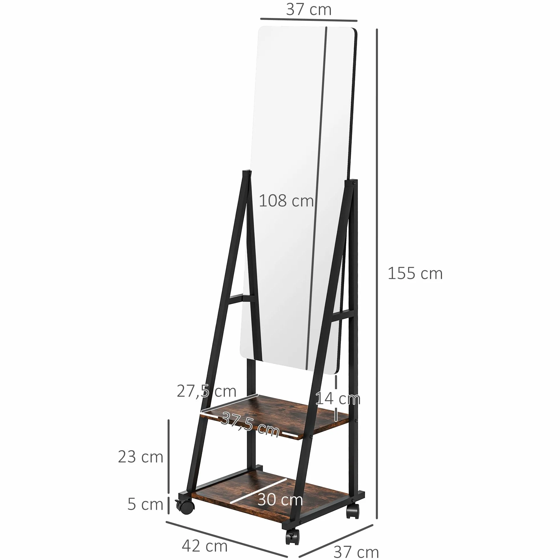 HOMCOM Miroir sur Pied rectangulaire avec Angle Ajustable, Miroir de Sol sur roulettes, 2 étagères, 4 Roues, 42x37x155 cm, Noir et Brun Rustique
