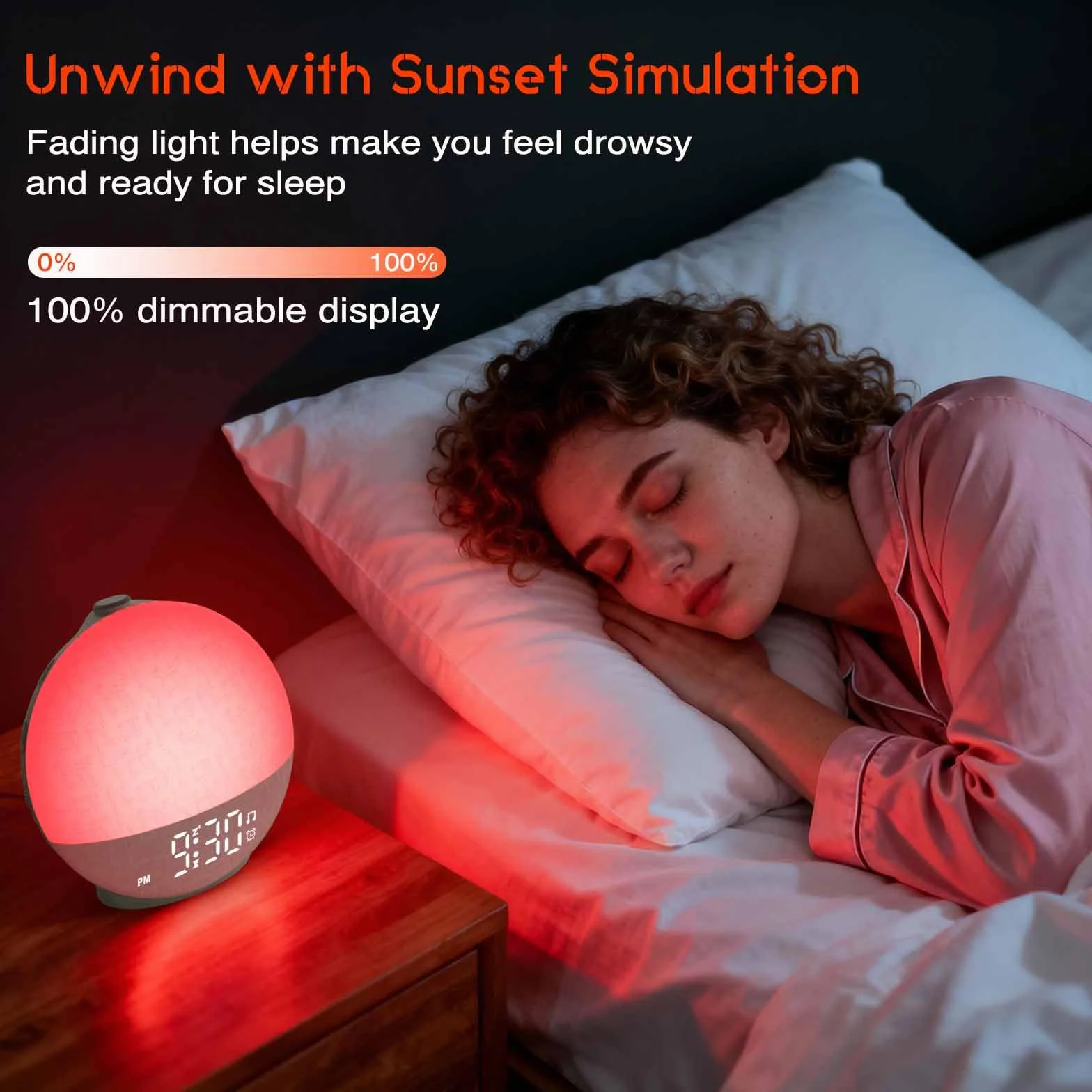 Réveil Lumineux Simulateur d'Aube, Lampe de Chevet LED avec 30 Sons, 12 Couleurs, Snooze, Minuteur