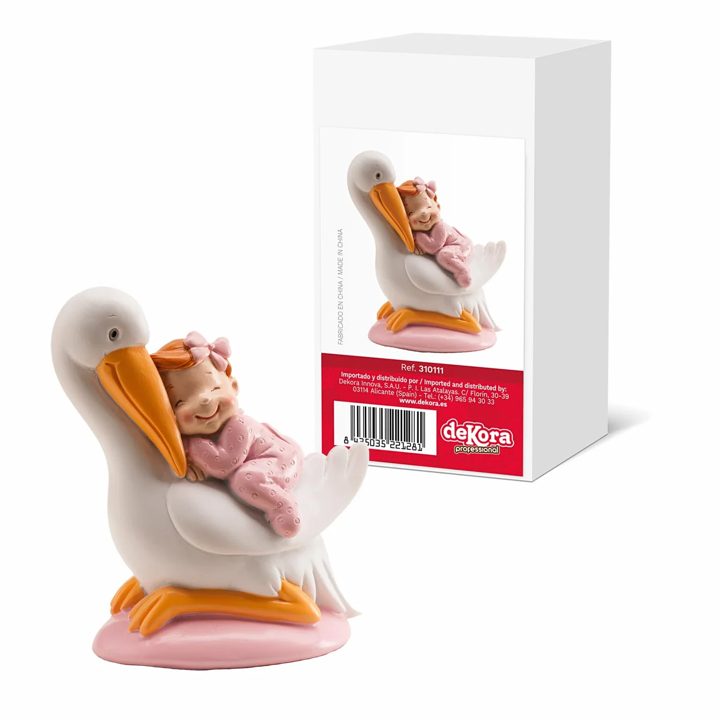 Cigogne avec Bébé Endormi Rose Décoration de Baptême Fille
