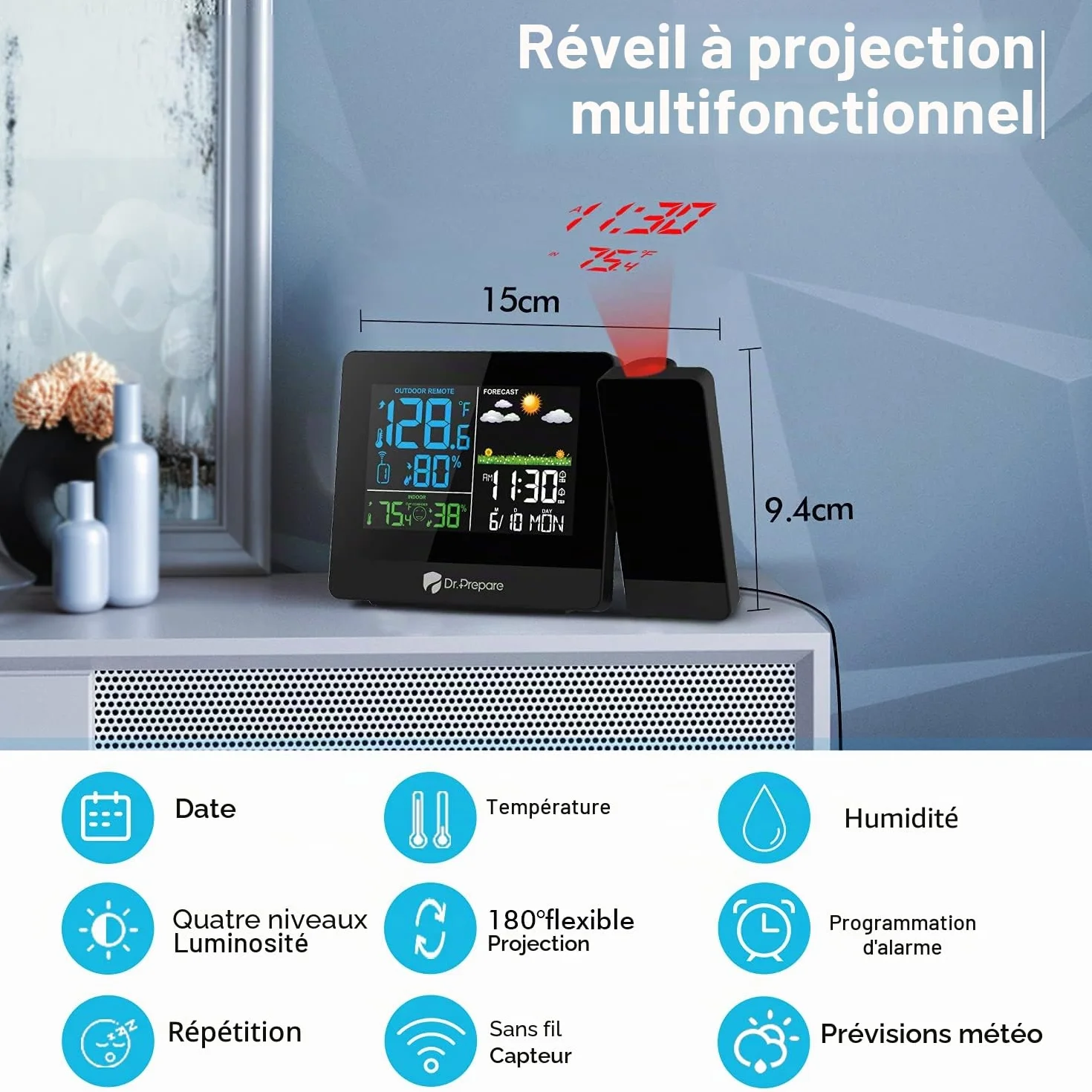 DR.PREPARE Réveil à Projection avec Station Météo et Capteur Extérieur