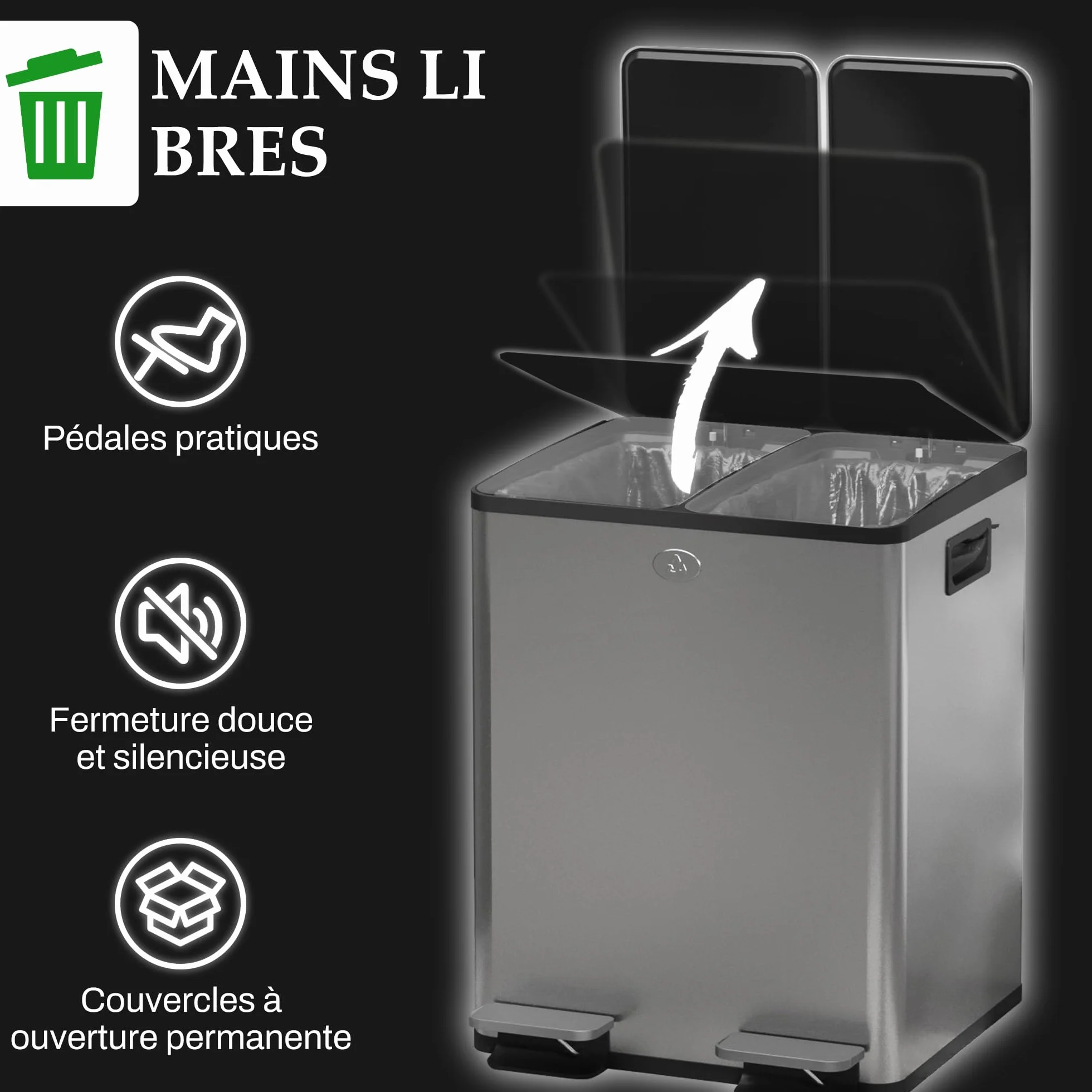 HOMCOM Poubelle à Double Compartiment 2x20L, Acier Inoxydable, Pédale, Couvercle Doux, Argent