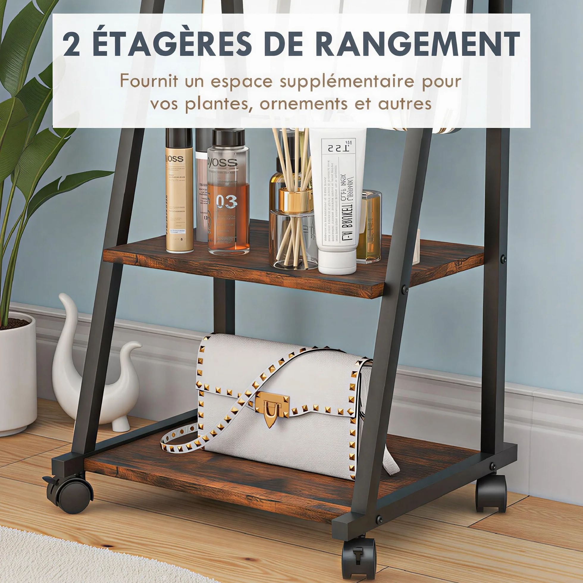 HOMCOM Miroir sur Pied rectangulaire avec Angle Ajustable, Miroir de Sol sur roulettes, 2 étagères, 4 Roues, 42x37x155 cm, Noir et Brun Rustique