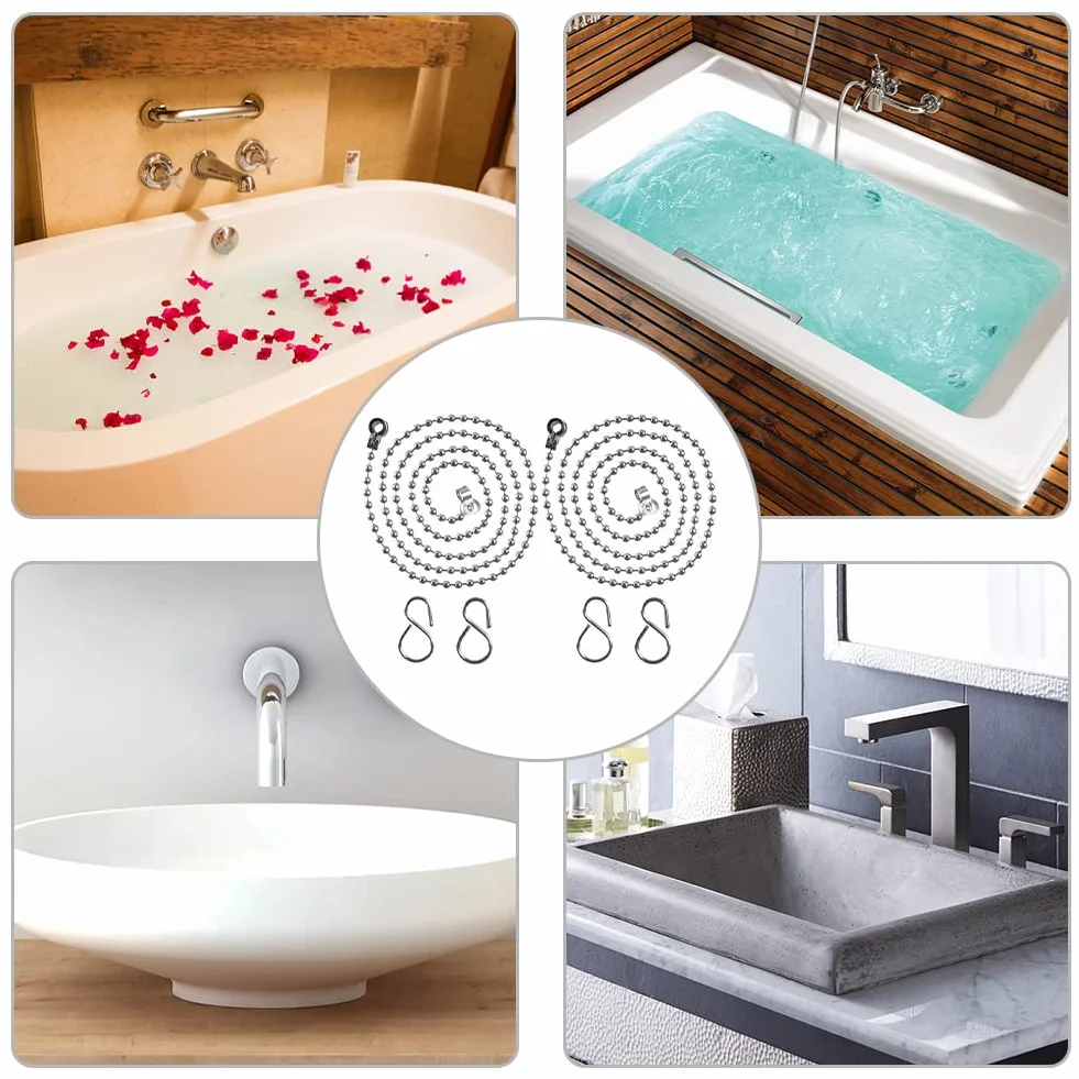 Chaîne Bouchon Évier Baignoire Acier Inoxydable 35cm 65cm 3 Pièces Accessoires Cuisine Salle de Bain