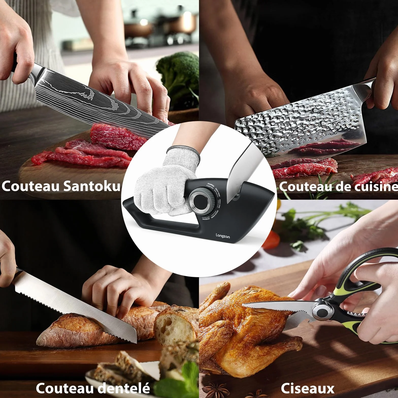 Longzon Aiguiseur Couteaux 5 en 1 Affuteur Couteau Professionnel avec Gants Anti-coupure, Manuel à Bouton Réglable pour Acier et Dentelés