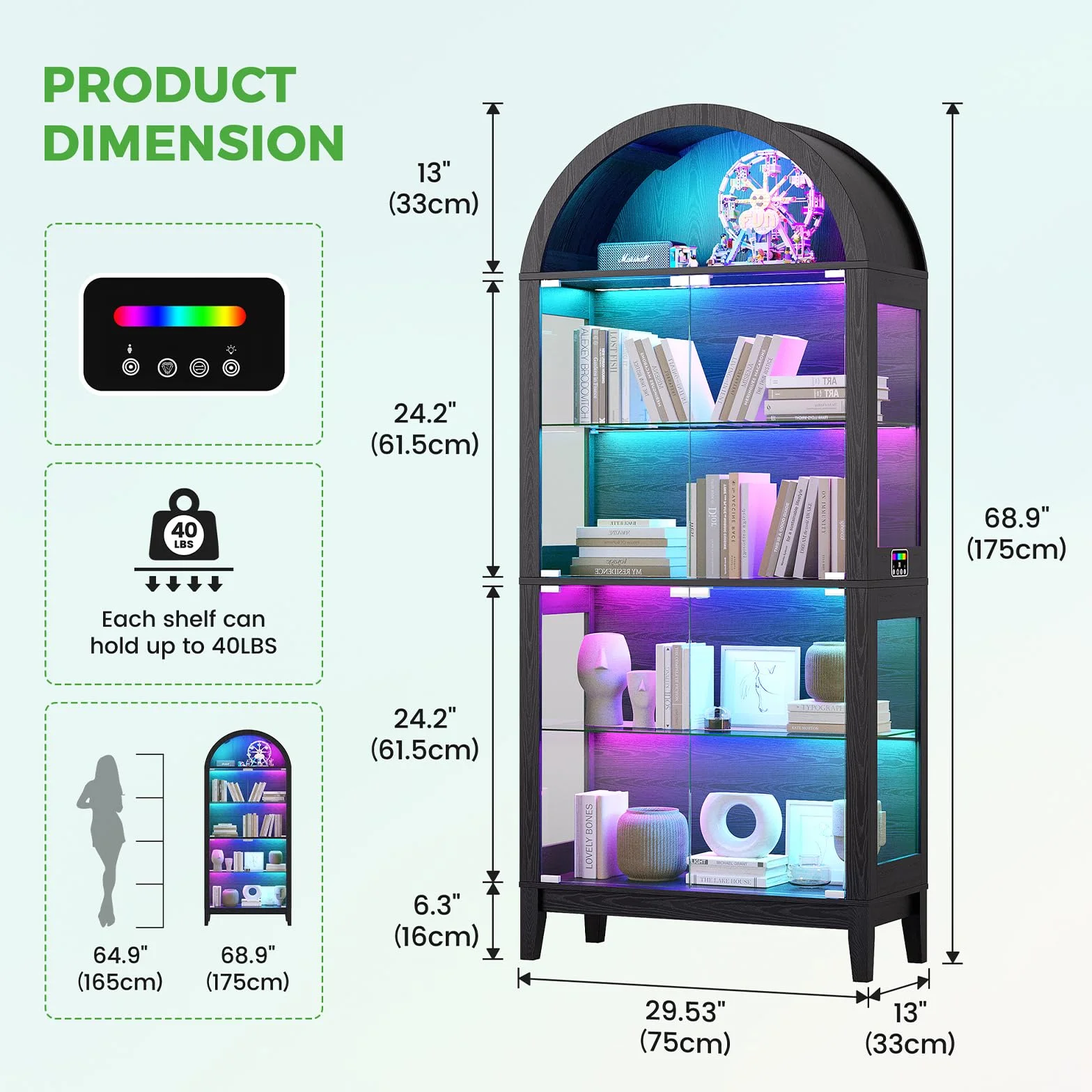 Gurexl 175 CM RGB Vitrine en Verre avec Capteur Humain,Vitrine Cintrée avec Éclairage Dynamique,Vitrine sur Pied avec Cloison vitrée Réglable pour Salon,Chambre,Figurines,Maquettes,Trophées,Noir