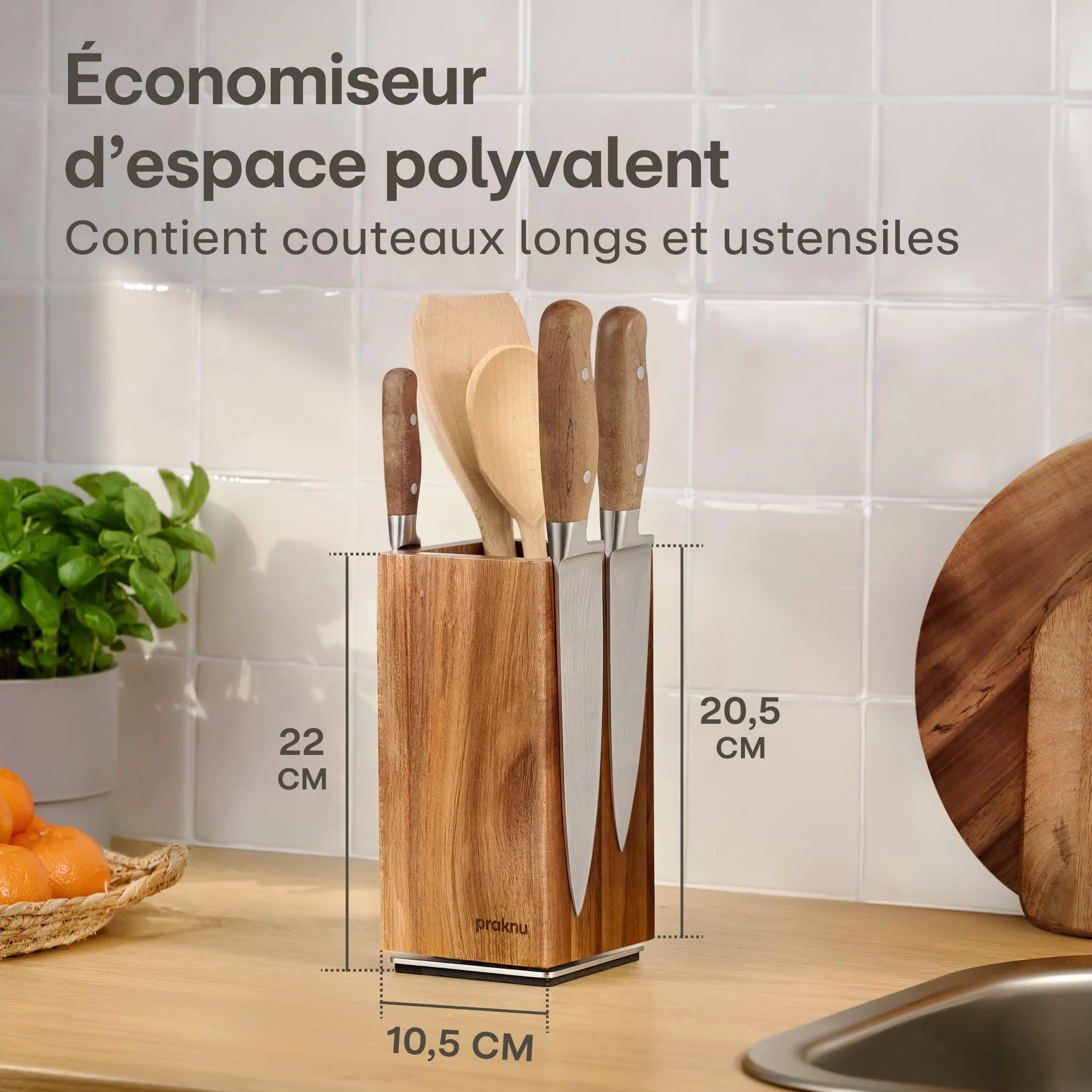 Praknu Bloc Couteaux Magnétique - 360° Rotatif Sans Couteaux FSC® Bois d'Acacia avec Espace pour Ustensiles de Cuisine - Aimant Puissant des Deux Côtés - Antidérapant