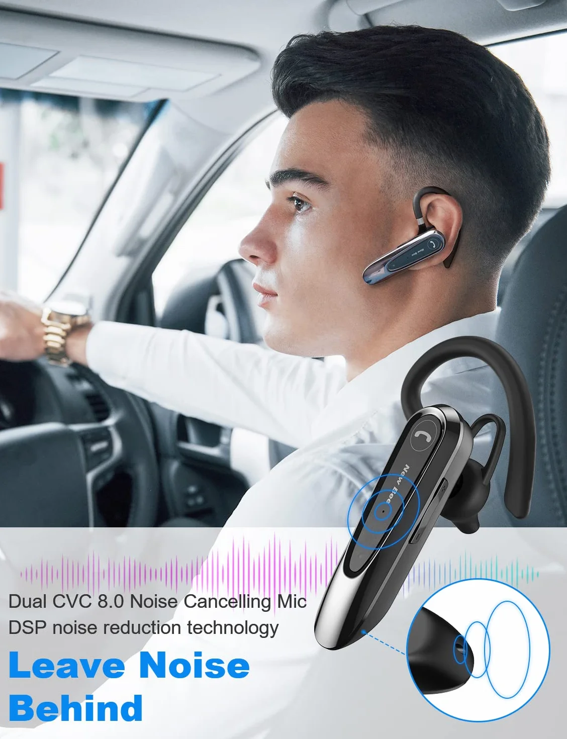 New Bee Zestawy słuchawkowe Bluetooth z podwójnym mikrofonem V5.0 zestaw głośnomówiący Bluetooth z 25-godzinnym czasem rozmów mikrofonem wyciszenie połączenia dwóch urządzeń do iPhone'a, Androida i