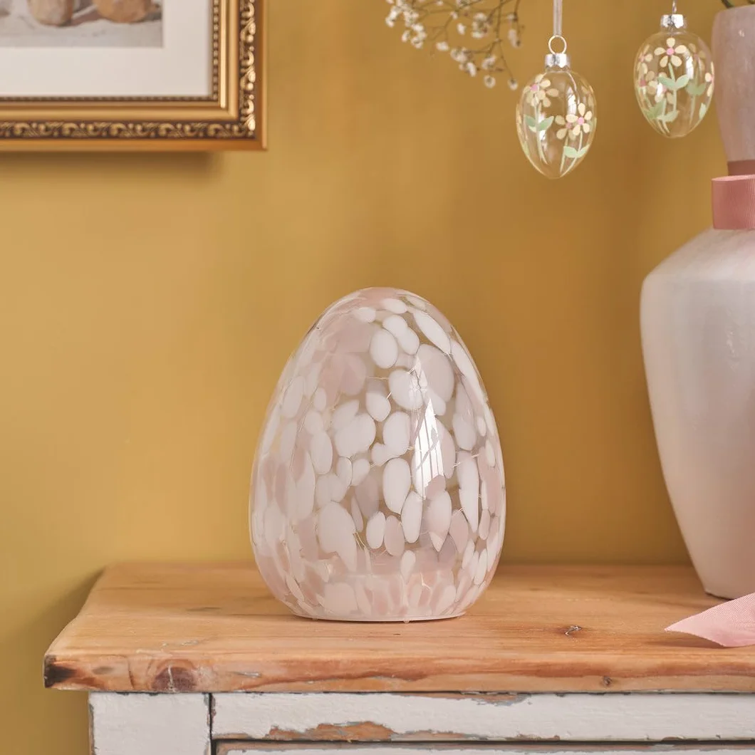 Œuf de Pâques Confetti en Verre LED Blanc Chaud avec Minuterie 6h Hauteur 16 cm Rose