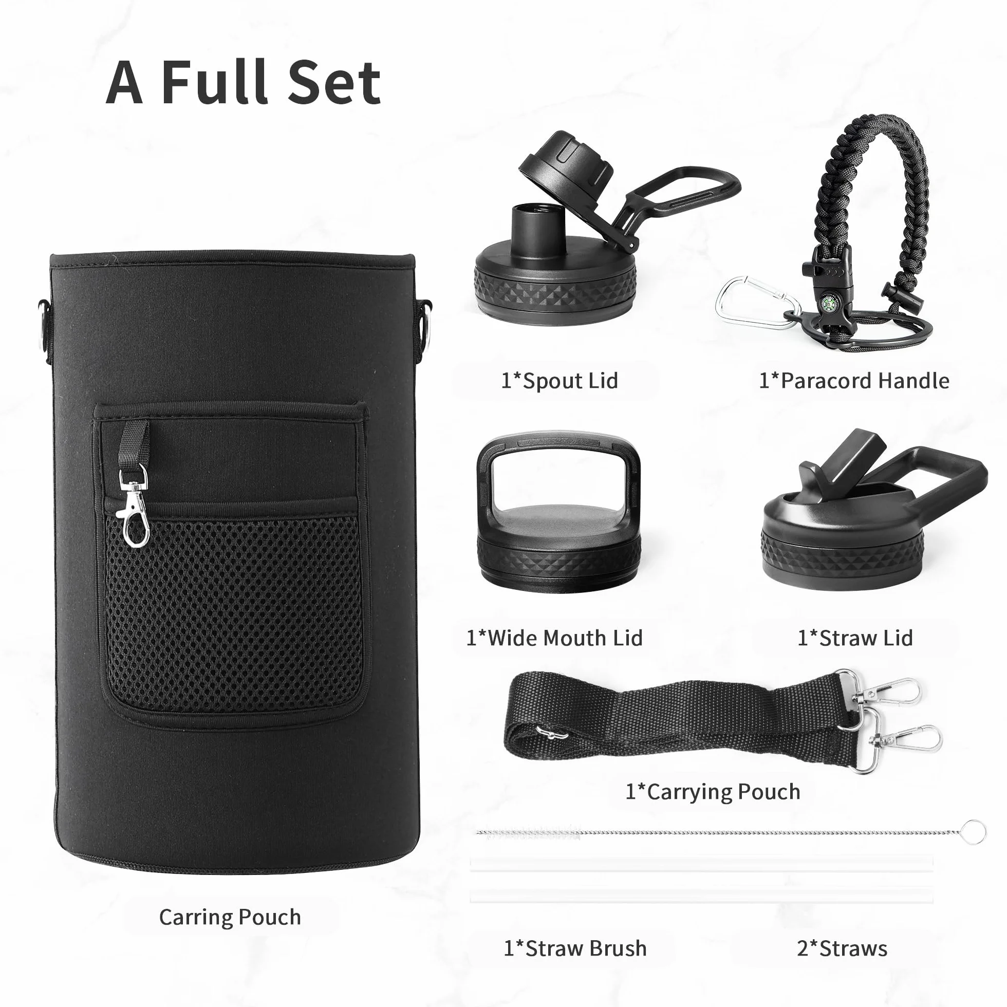 Trebo Bouteille d'eau isotherme de 3,6 l avec poignée en paracorde, carafe isotherme à double paroi en acier inoxydable de qualité alimentaire avec couvercles à poignée à bec verseur, étanche,noir