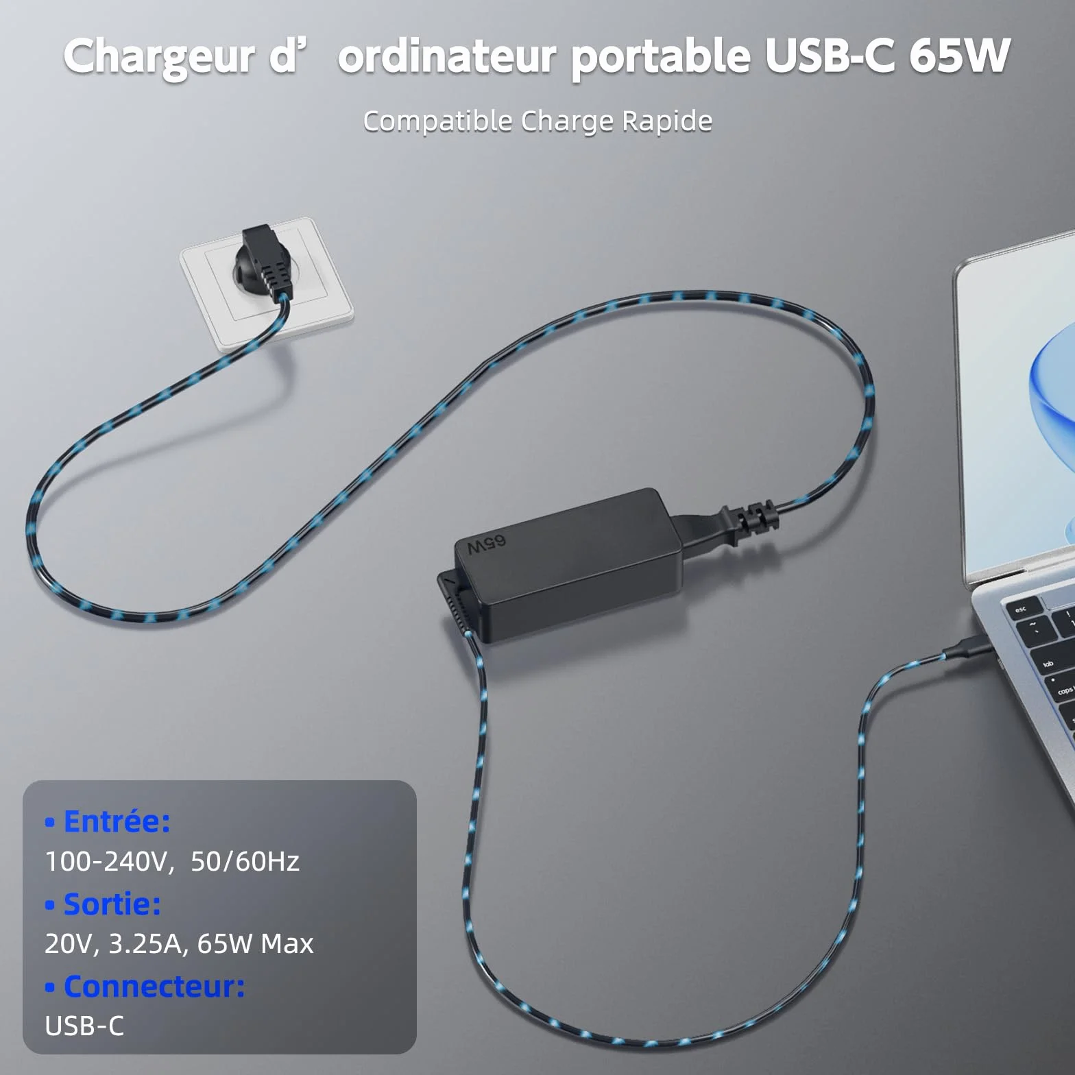 Chargeur USB C 65W pour Lenovo Thinkpad Chromebook T480 T490 T495 T580 T590 L380 L390 L480 L580 E480 E580 E590 C330 300e 500e