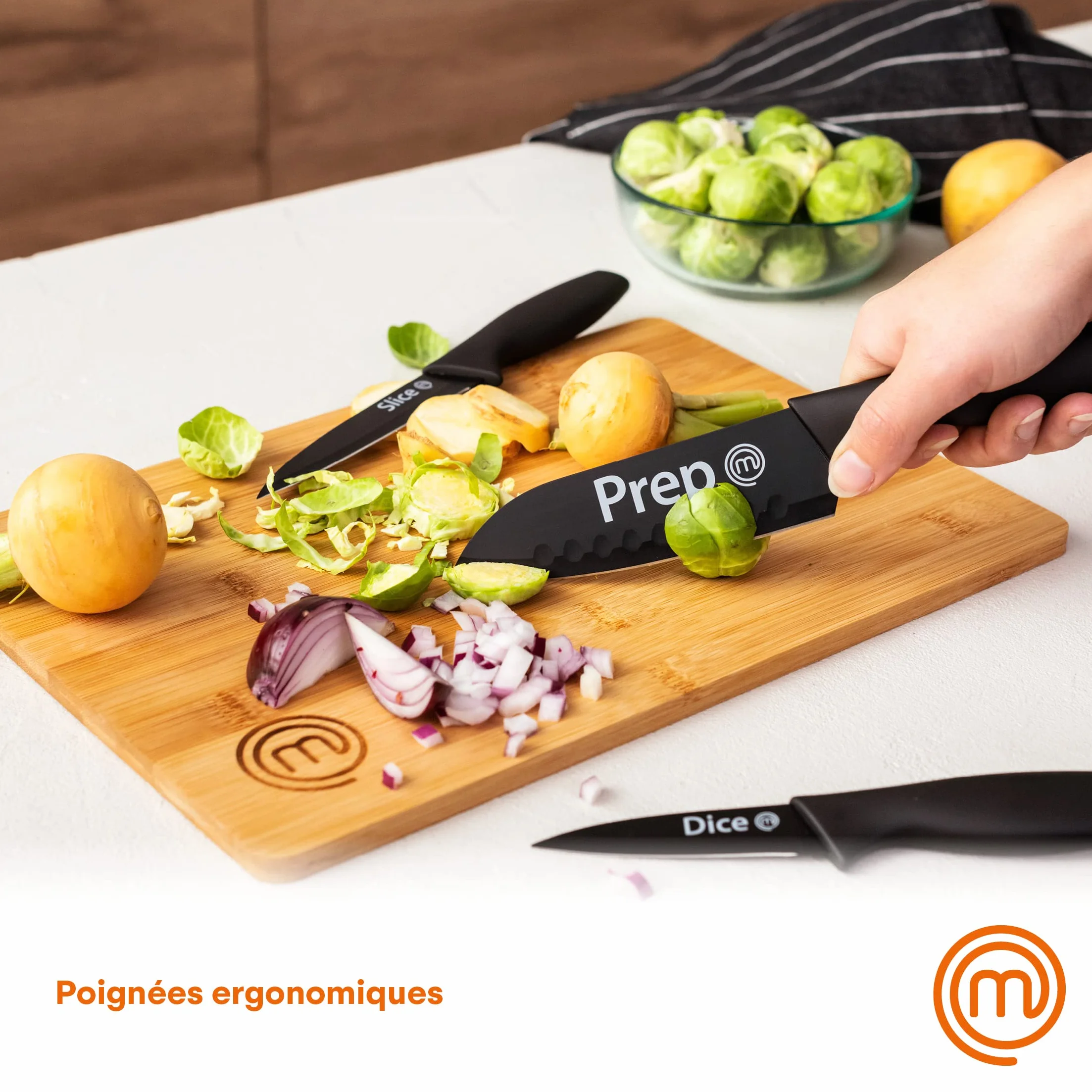 MasterChef Set Couteau Cuisine Acier Inoxydable Revêtement Antiadhésif Manche Ergonomique