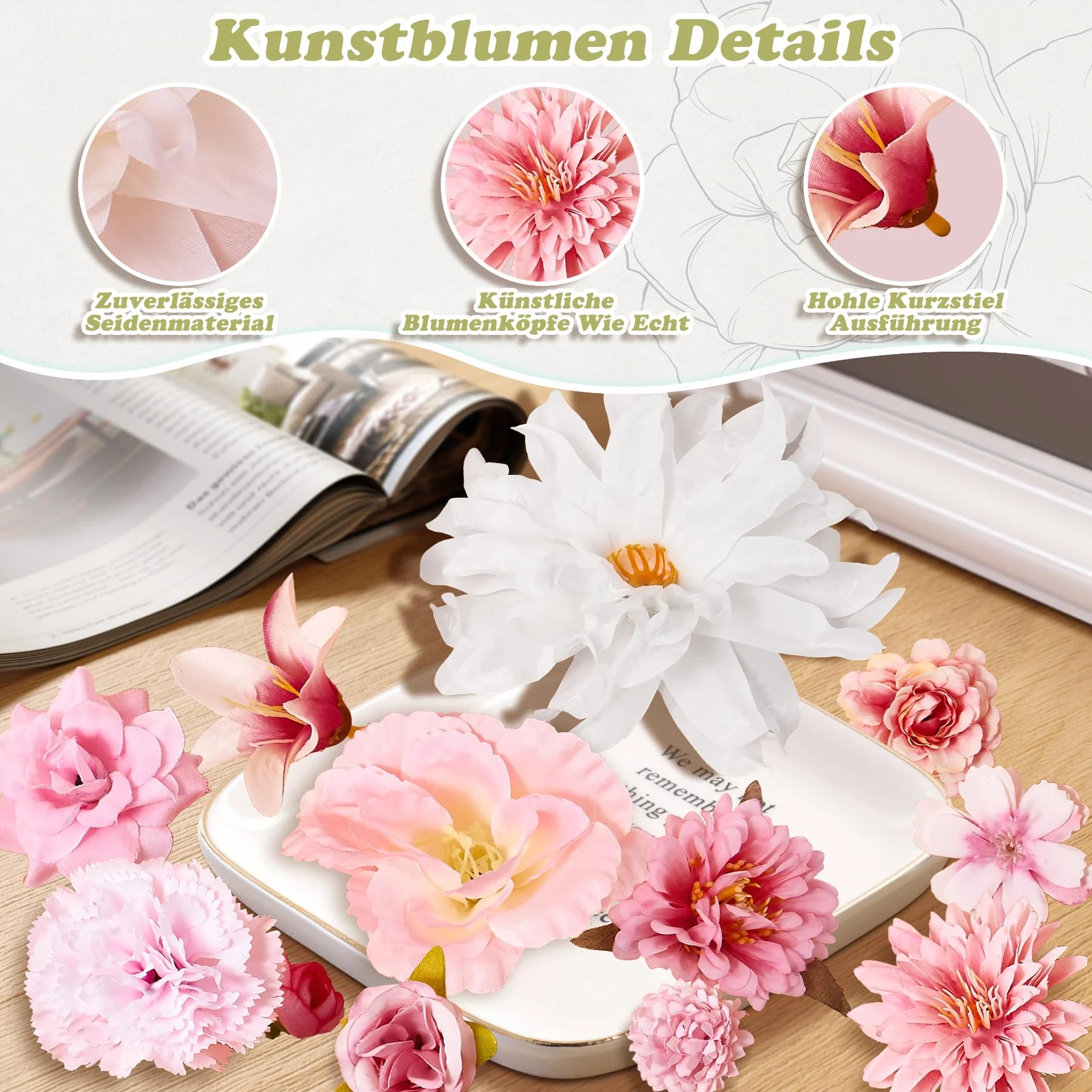 Fleurs Artificielles Deco 42 Pièces Petite Tête de Fleur Rose 2-13cm pour DIY Bricolage Scrapbooking Decoration