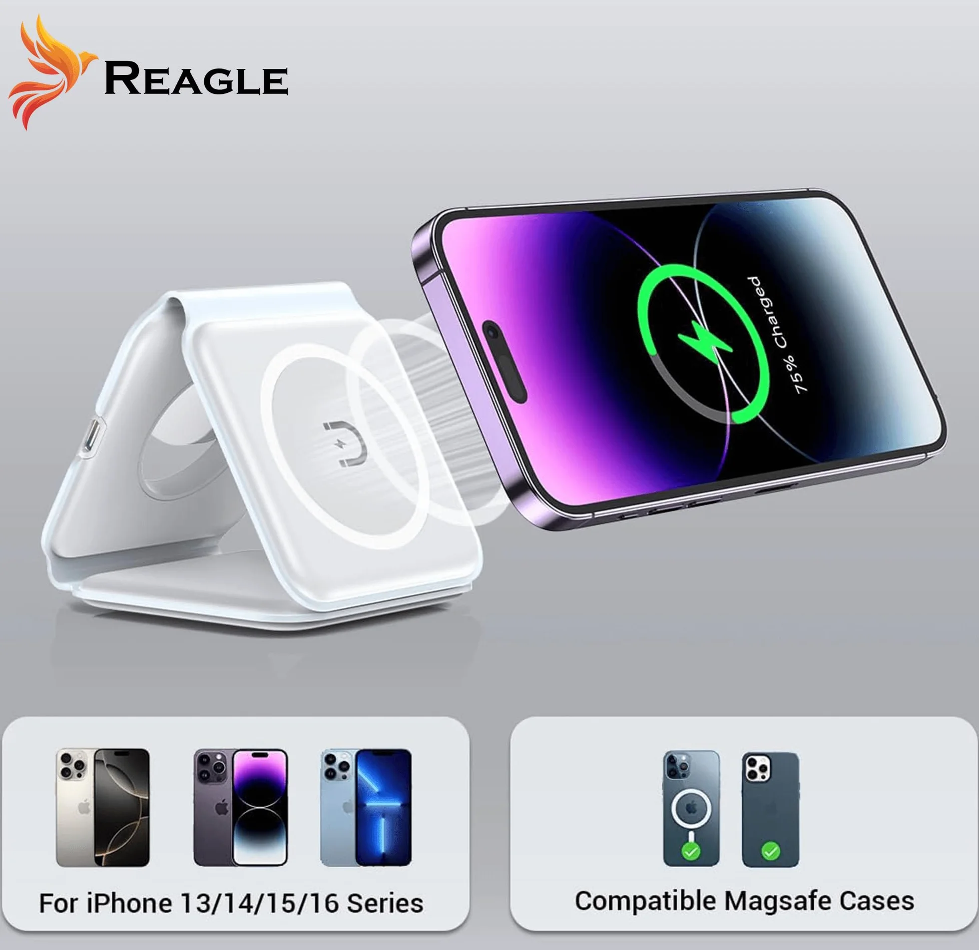 Reagle Składana indukcyjna bezprzewodowa ładowarka 3 w 1, 15 W stacja ładująca do telefonu, słuchawek, smartwatch, Samsung S25 Travel Charging Station do Apple Watch, standard Qi