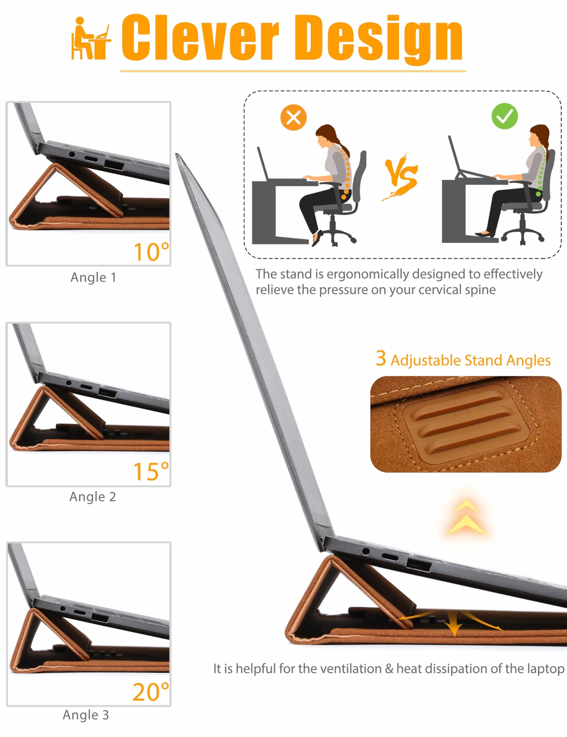 HYZUO 13 Cali Etui na Laptop z Regulowanym Stelażem do MacBook Air 13 M5 A3449 M4 M3 M2 M1 2026-2018, 13" MacBook Neo 2026, MacBook Pro 13 M2 M1, Surface Pro, XPS 13, z Torbką, Brązowy