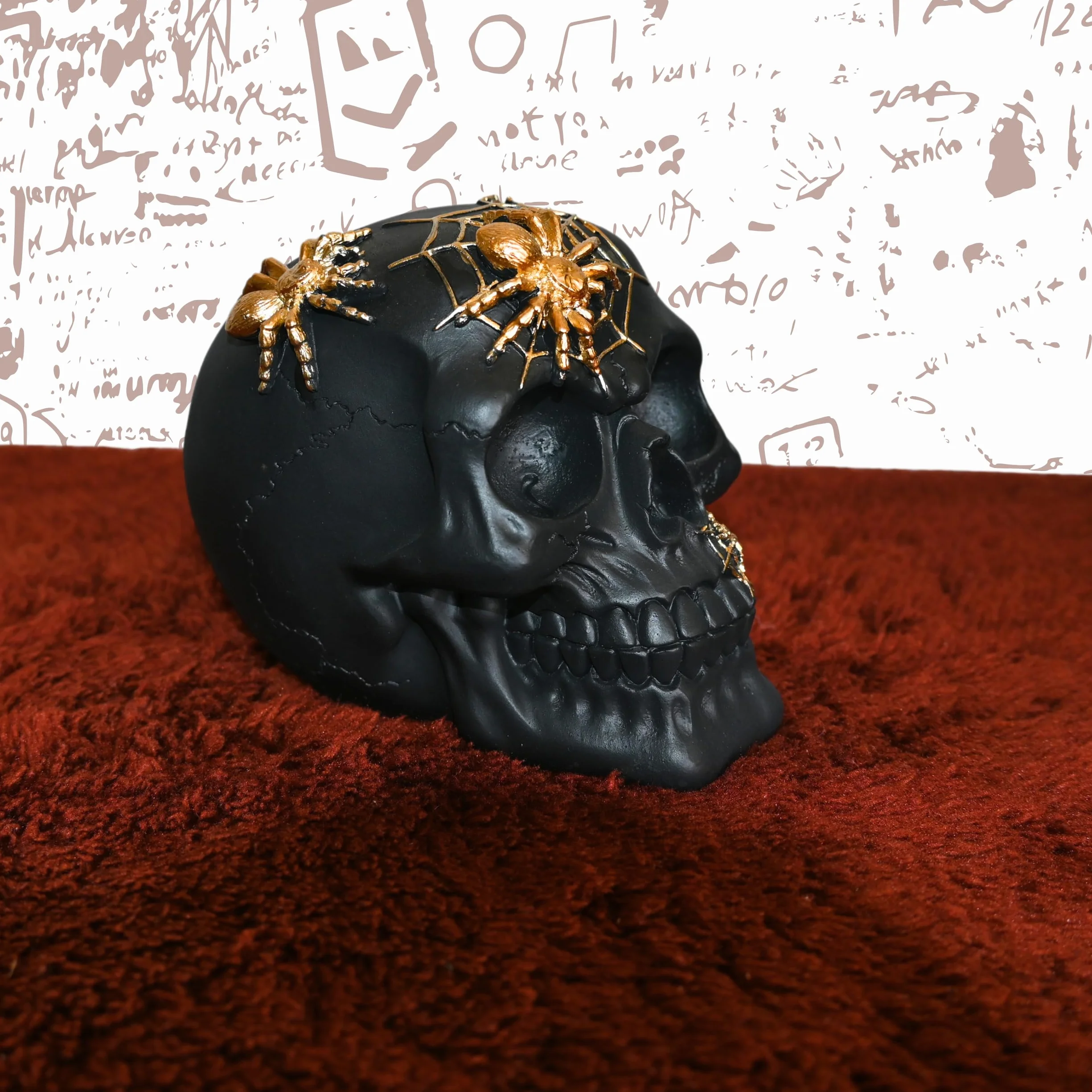 Tête de mort décorative noire avec araignées Crâne Dark Romance squelette Décoration Halloween gothique Jour des morts