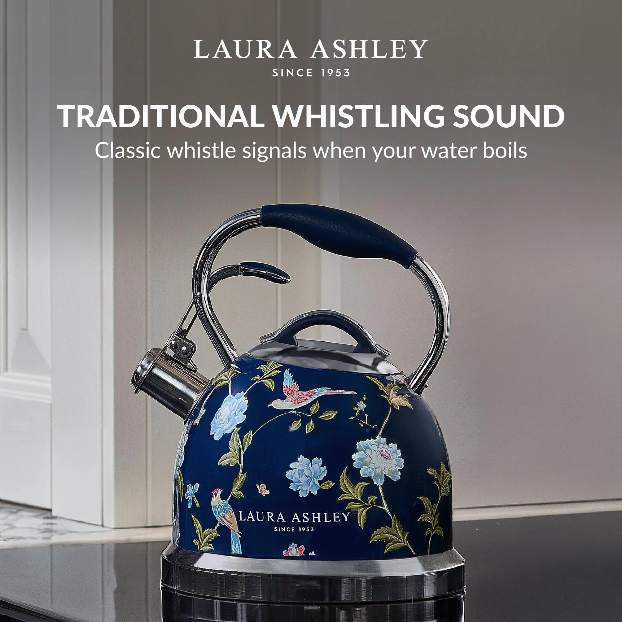 Laura Ashley Elveden Marine Bouilloire Induction de 2,5 Litres par VQ - Bouilloire Sifflante à Ébullition Rapide pour Gaz, Induction ou Autres Cuisinières avec Mécanisme à Bouton-Poussoir