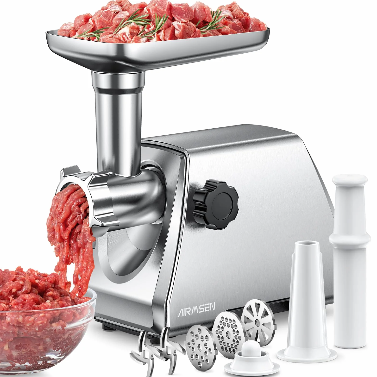 AIRMSEN Hachoir à Viande Électrique 3 en 1– Machine à Saucisses en Acier Inoxydable avec 3 Plaques, 2 Lames en Acier Inoxydable et Kit Kubbe – Rapide, Silencieux, Facile à Nettoyer pour Maison