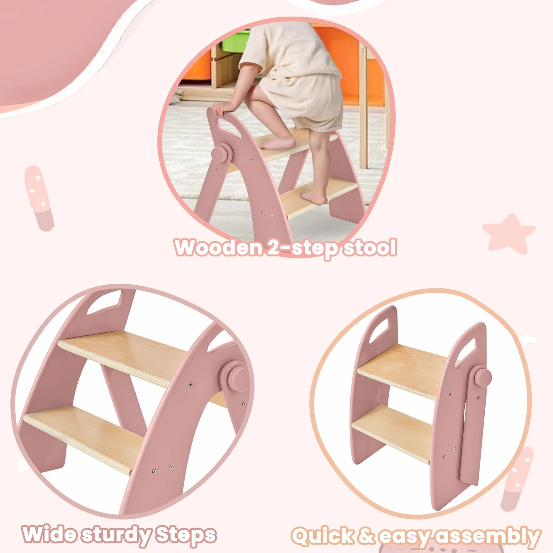 Marche Pied Pliable à 2 Marches en Bois pour Enfants, Capacité de 130 kg avec Tapis Antidérapant et Poignées, Tabouret pour Chambre, Salle de Bain, Cuisine, Rose