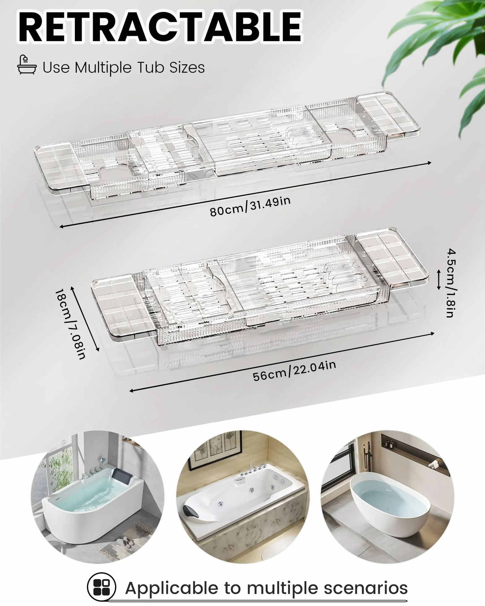 Plateau Baignoire Extensible en Acrylique avec Support pour Bougie, Verre, Livre, Tablette, Ipad et Téléphone