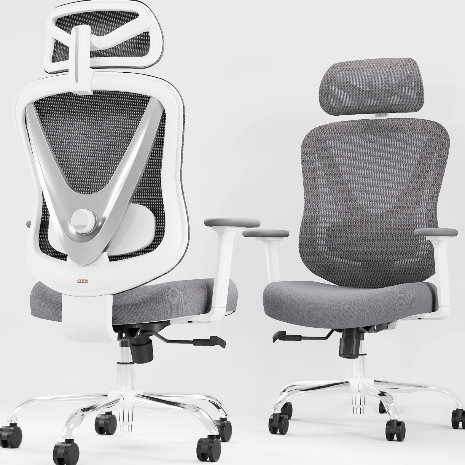 HOLLUDLE Chaise de Bureau Ergonomique Support Lombaire 3D Accoudoirs 3D Réglables Design en V dos Fauteuil Bureau Confortable Blanc