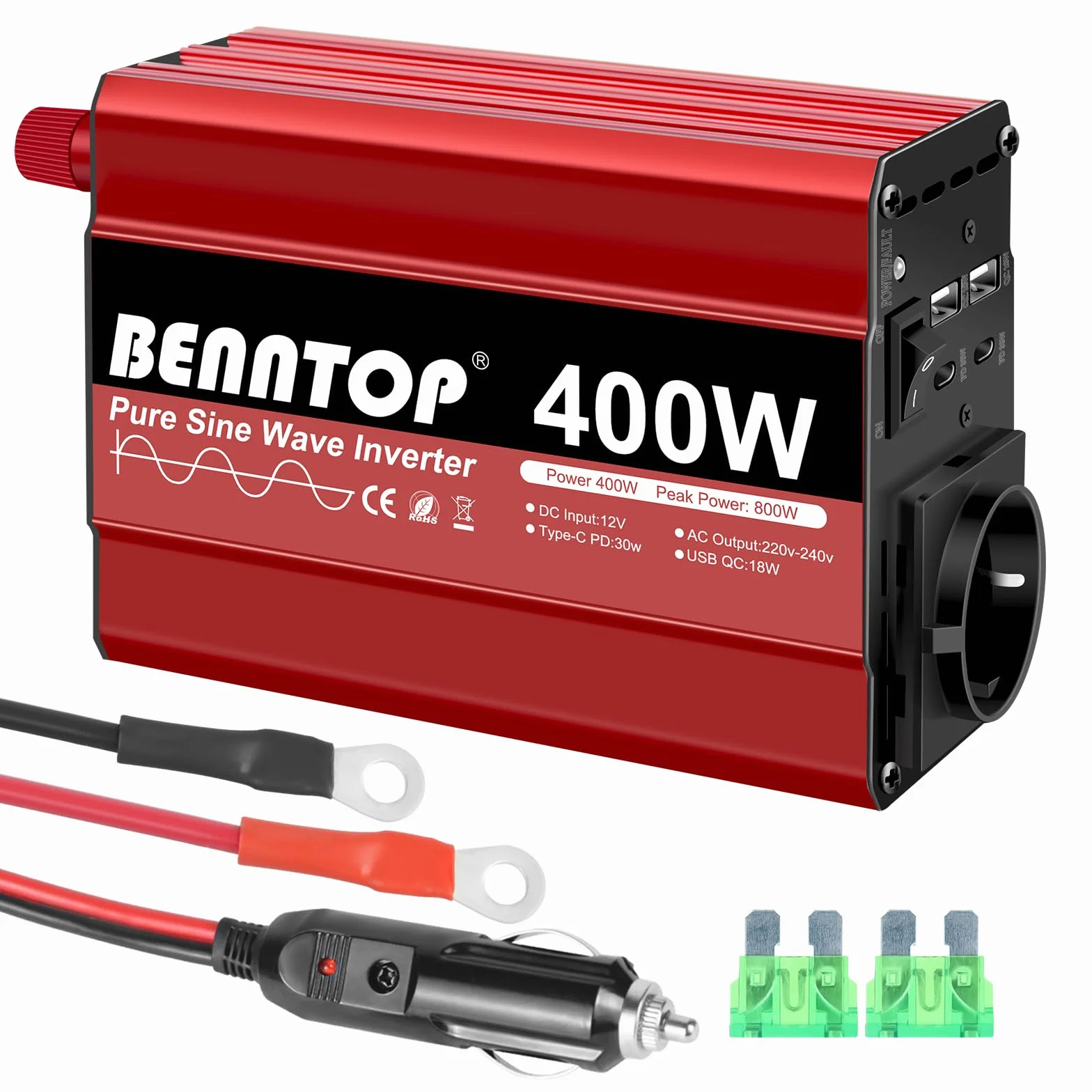 400W/800W konwerter 12 V 230 V Pure Sinus samochodowy falownik napięcia Transformator z 4 portami USB typu - A/C, 1 gniazdo UE Ładowanie laptopa, iPada, iPhone'a i nie tylko
