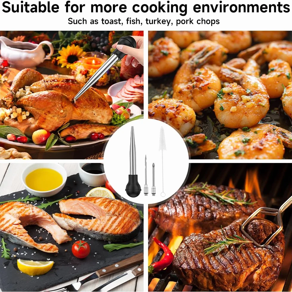 Poire à Jus en Acier Inoxydable 304 avec Aiguille d'Injection et Brosse pour Cuisson BBQ