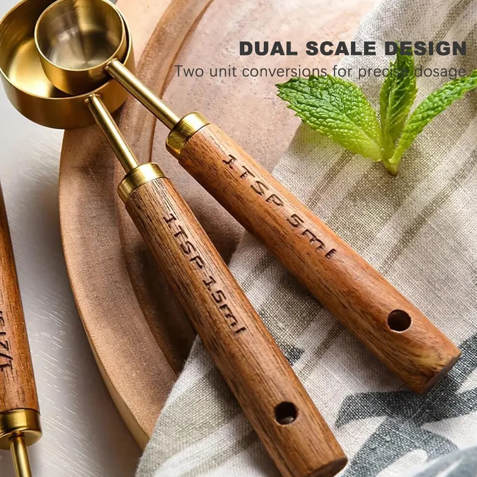 Ensembles de Cuillères Doseuses Inoxydable, 4 Pièces Cuillères à Mesurer avec Manche en Bois pour Cuisson (Or)
