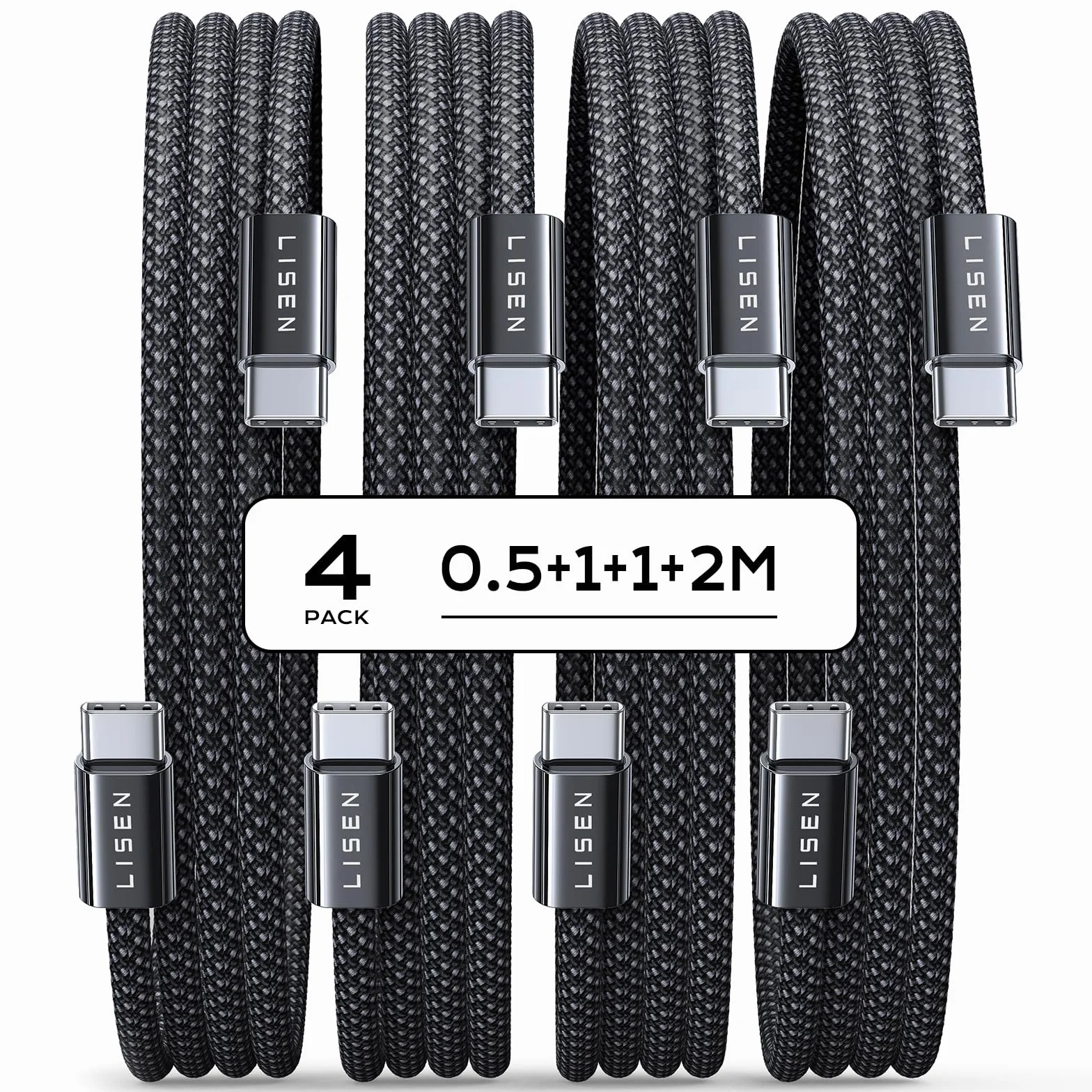LISEN Lot de 4 Câble USB C Charge Rapide 60W Nylon Tressé 0.5M+1M+1M+2M pour iPhone Samsung S25 Ultra iPad Air MacBook Pro Google Pixel 9 Xiaomi Switch PS5 Noir
