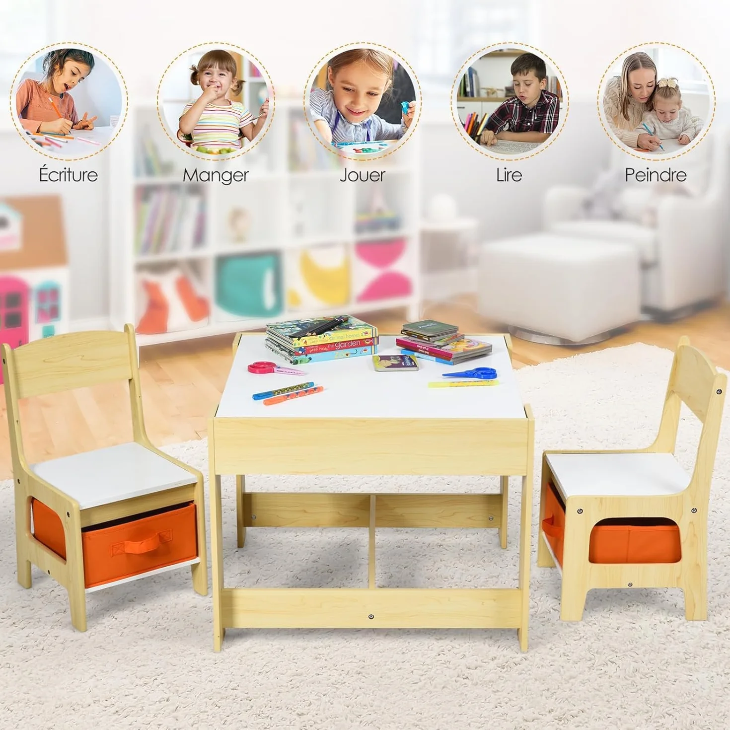 GOPLUS Table Enfant avec 2 Chaises 3-en-1 Petite Table de Dessin Réversible Double Face Tableau Noir Bureau Enfant Polyvalente
