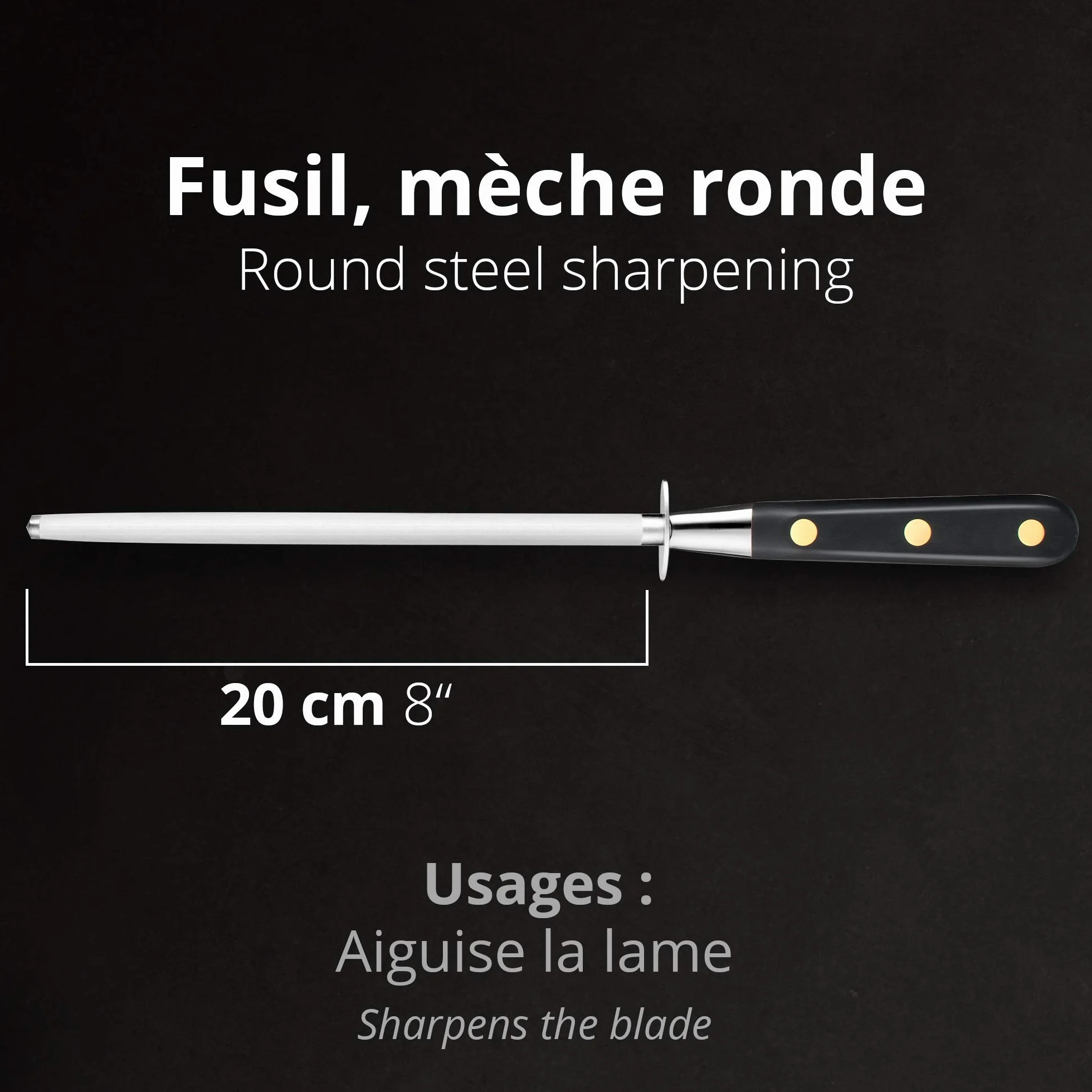 LION SABATIER - Fusil à Aiguiser IDEAL 20 cm - Mèche Ronde Haute Résistance : Affûte, Aiguise et Ravive vos Lames et Couteaux - Entretien Quotidien - Fabriqué à Thiers - 70g